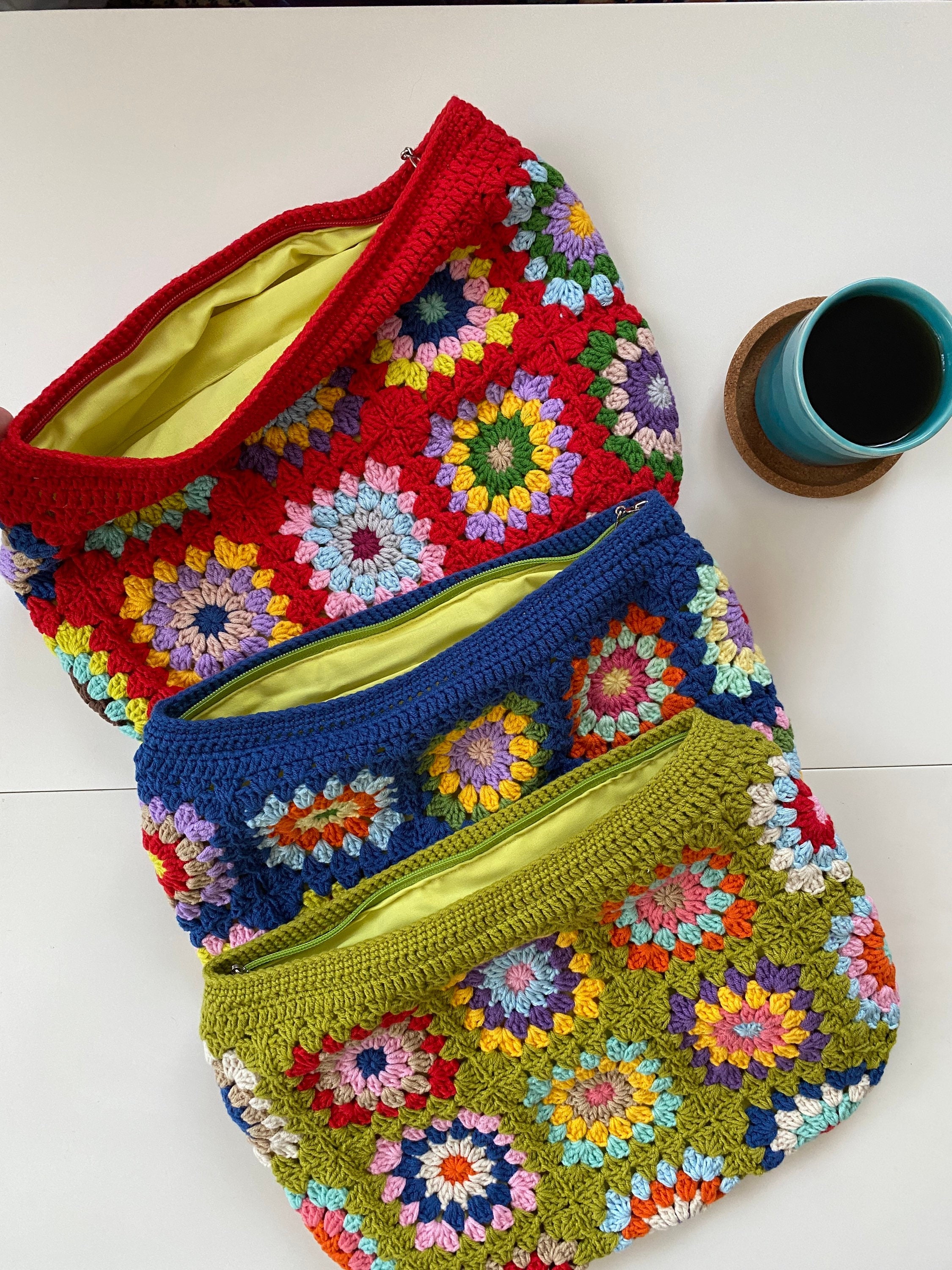 Afghan Clutch Bag, Granny Square Bag, Red Knit Purse, Denim Vintage Handbag, Cotton Cosmetic Bag,... — photo 4 of 10