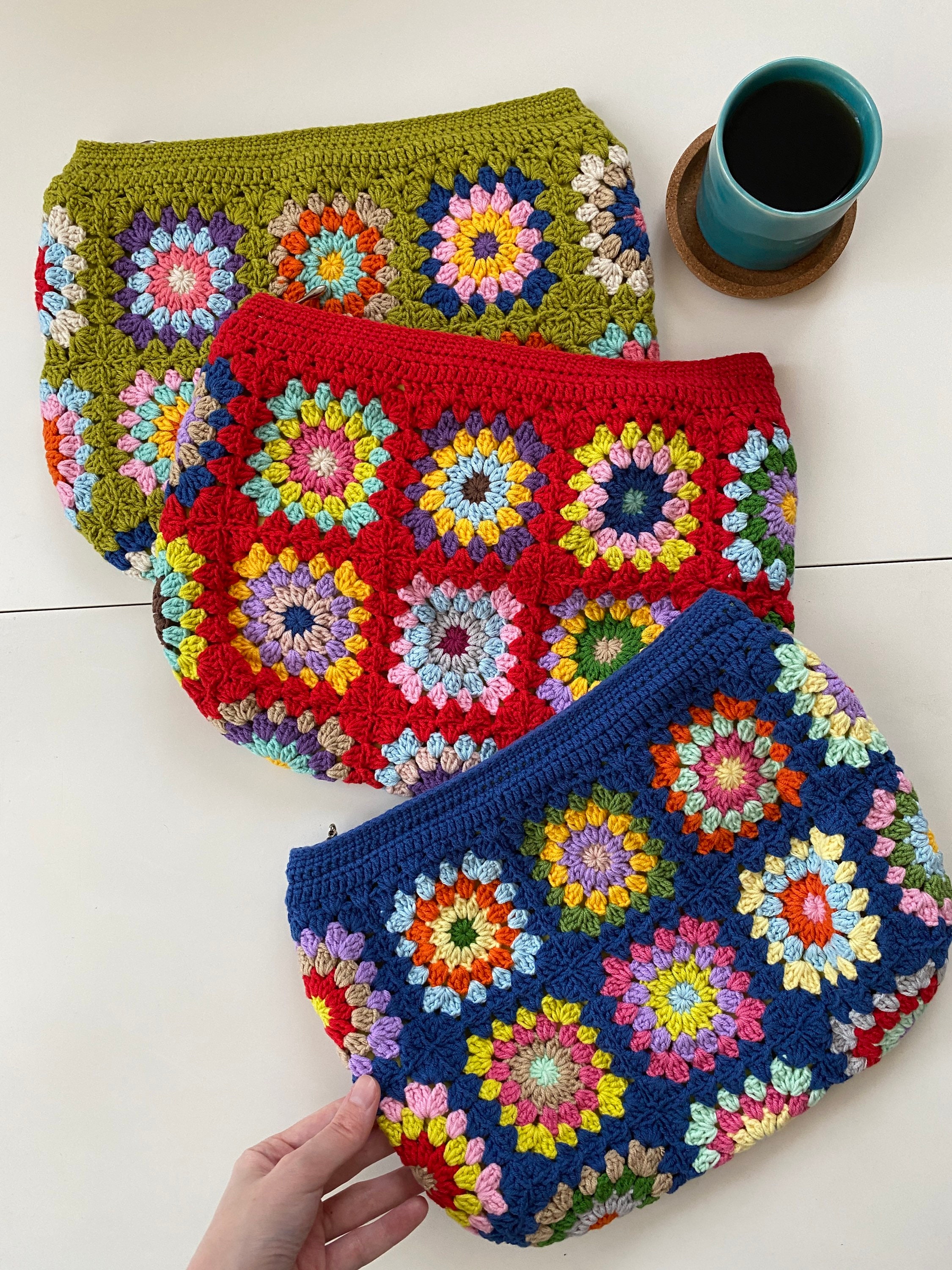 Afghan Clutch Bag, Granny Square Bag, Red Knit Purse, Denim Vintage Handbag, Cotton Cosmetic Bag,... — photo 7 of 10