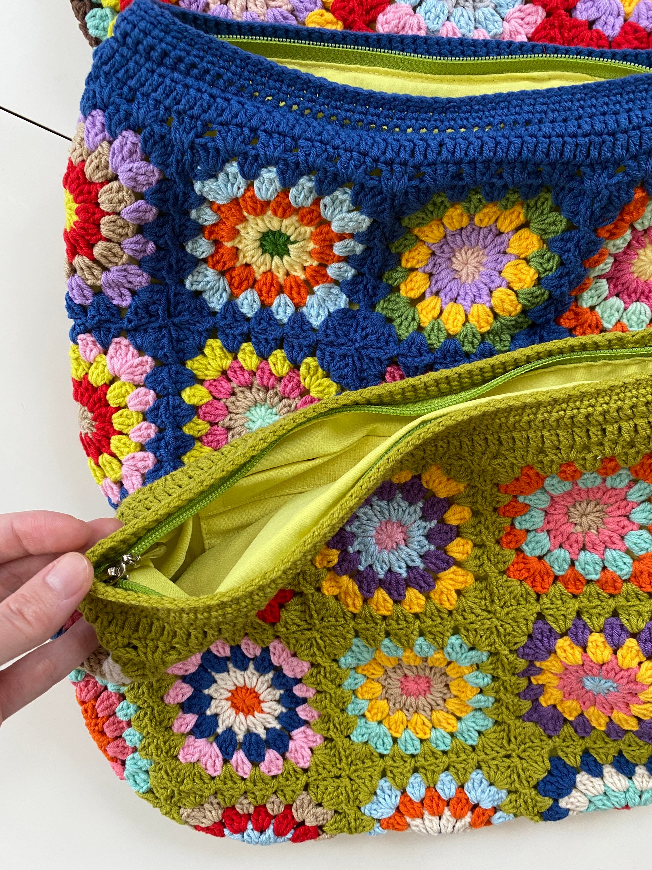 Afghan Clutch Bag, Granny Square Bag, Red Knit Purse, Denim Vintage Handbag, Cotton Cosmetic Bag,... — photo 3 of 10