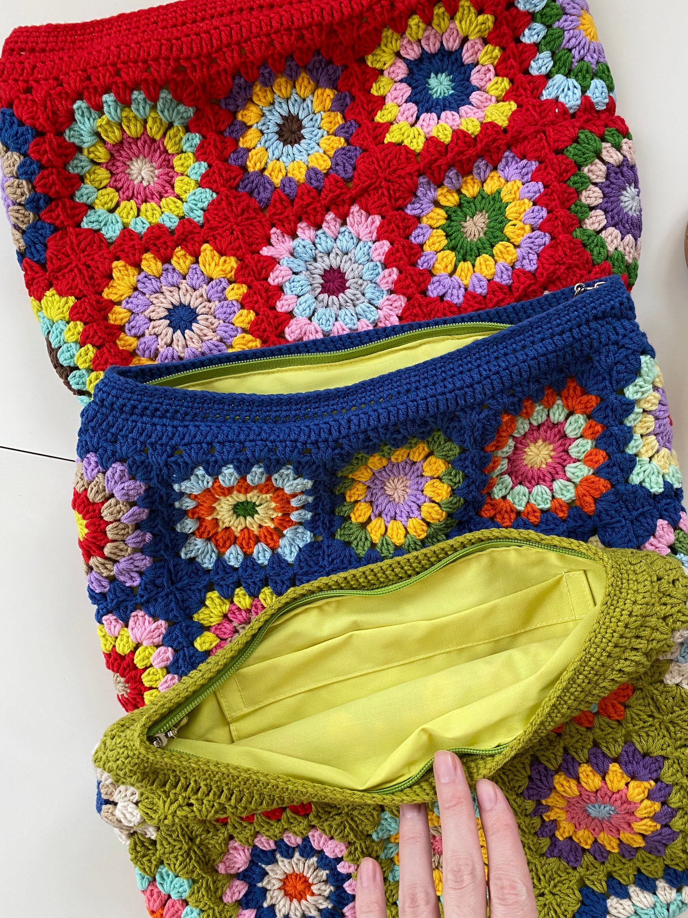 Afghan Clutch Bag, Granny Square Bag, Red Knit Purse, Denim Vintage Handbag, Cotton Cosmetic Bag, Granny Square Purse, Boho Chic Bag, Gift