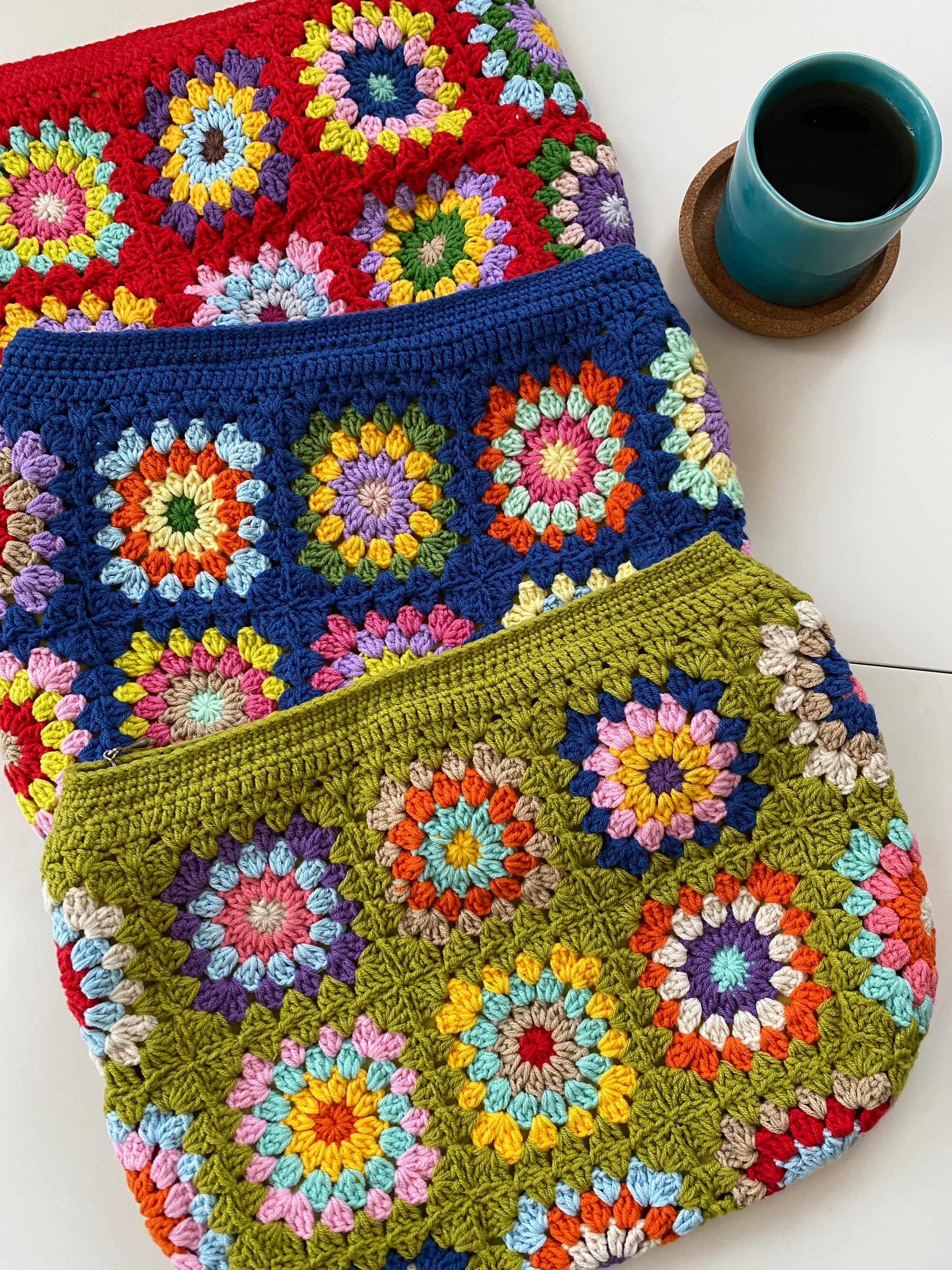 Afghan Clutch Bag, Granny Square Bag, Red Knit Purse, Denim Vintage Handbag, Cotton Cosmetic Bag,... — photo 5 of 10