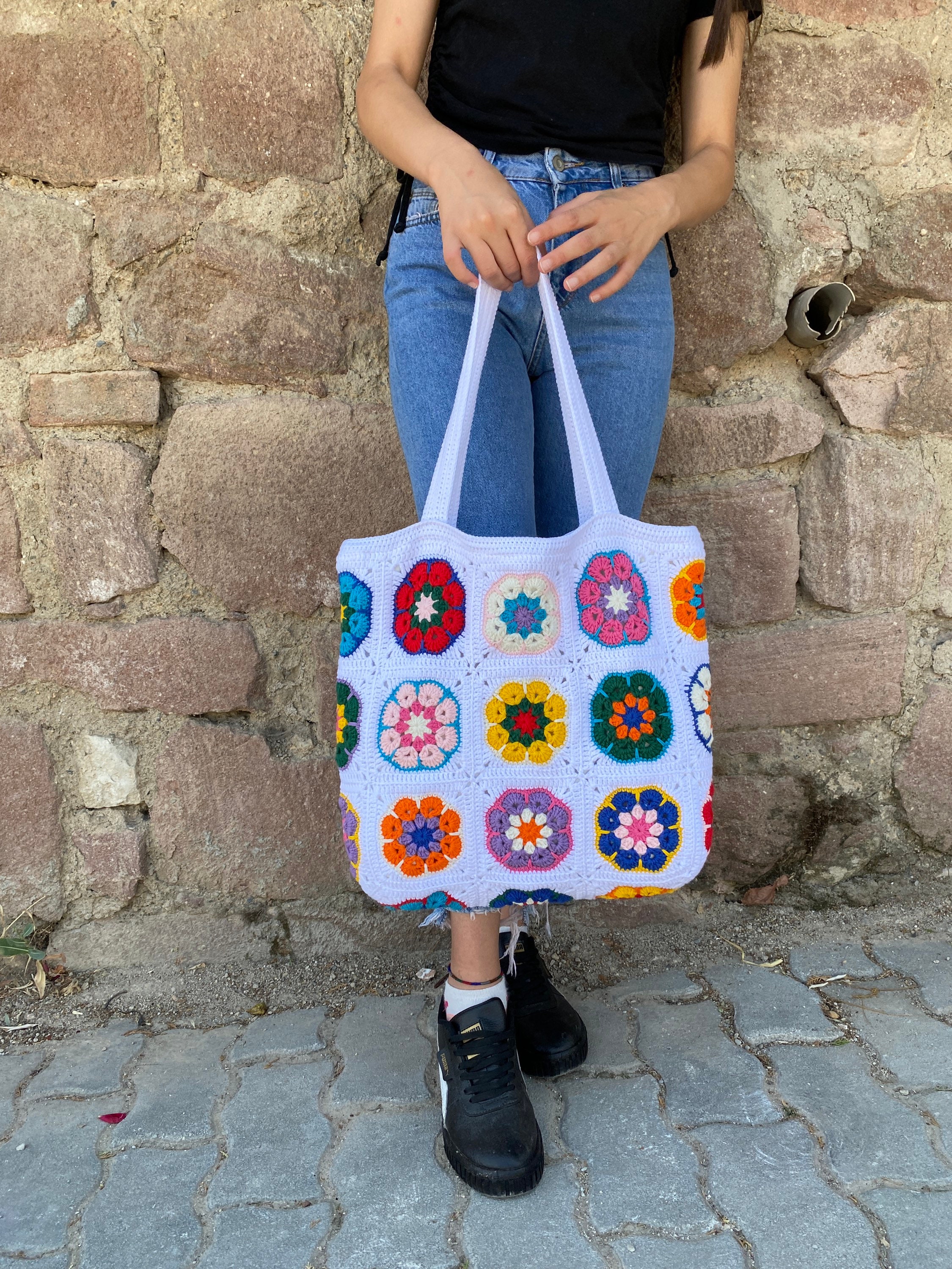 Afghan Crochet Bag, Granny Square Bag, Daisy Crochet Bag, Cotton White Bag, Floral Afghan Bag, Bo... — photo 5 of 10
