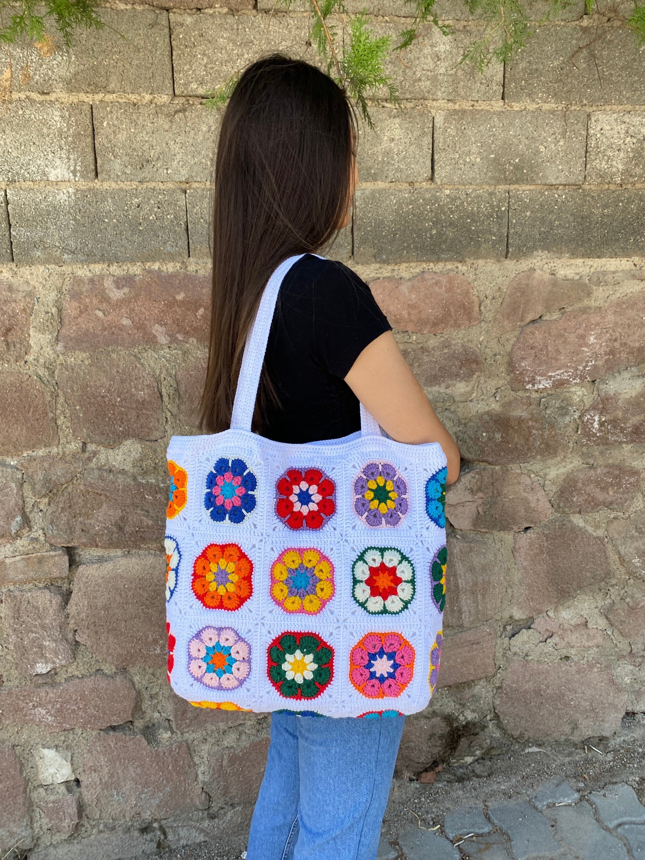 Afghan Crochet Bag, Granny Square Bag, Daisy Crochet Bag, Cotton White Bag, Floral Afghan Bag, Bo... — photo 2 of 10