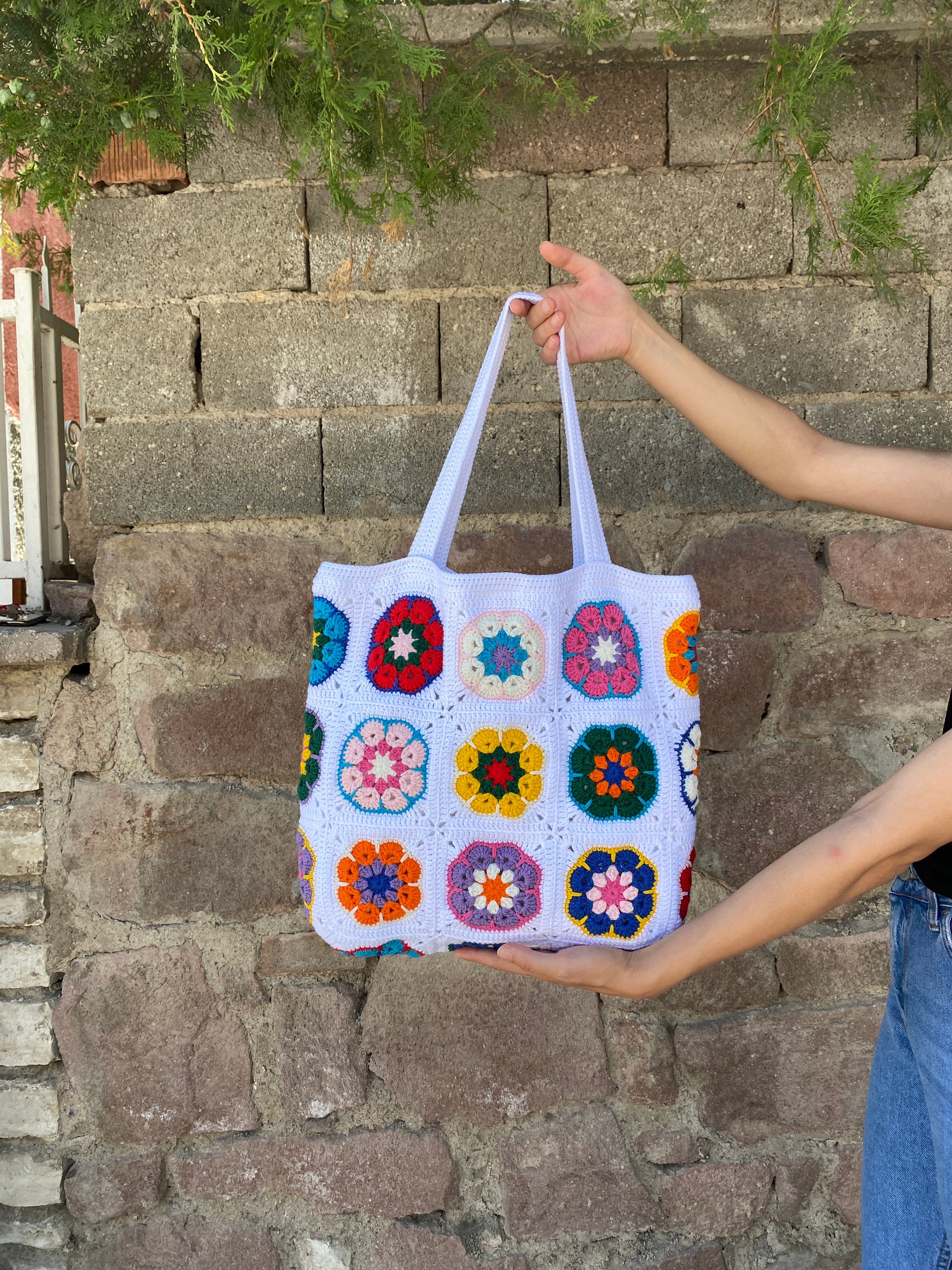 Afghan Crochet Bag, Granny Square Bag, Daisy Crochet Bag, Cotton White Bag, Floral Afghan Bag, Bo... — photo 7 of 10