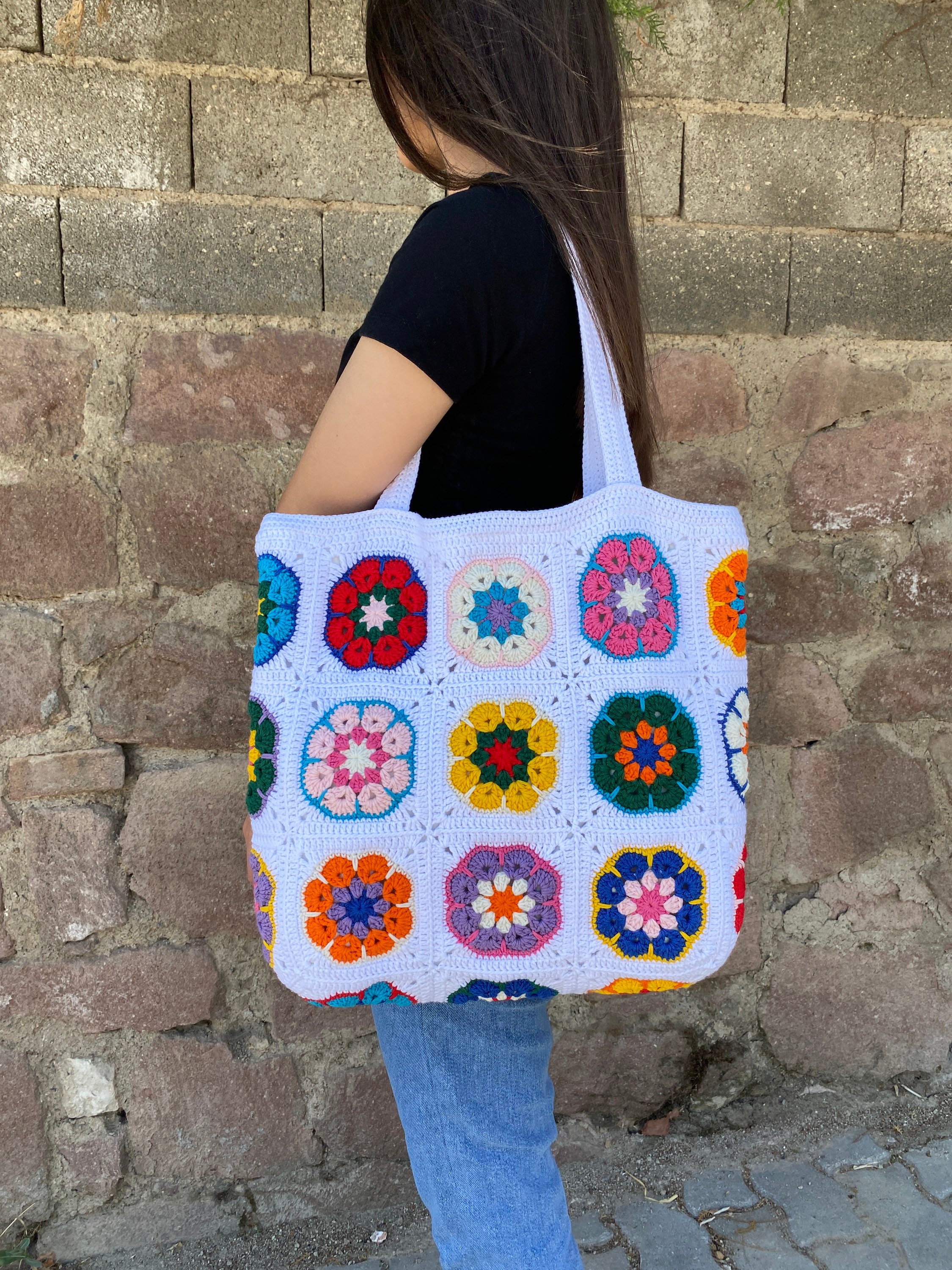 Afghan Crochet Bag, Granny Square Bag, Daisy Crochet Bag, Cotton White Bag, Floral Afghan Bag, Bo... — photo 3 of 10