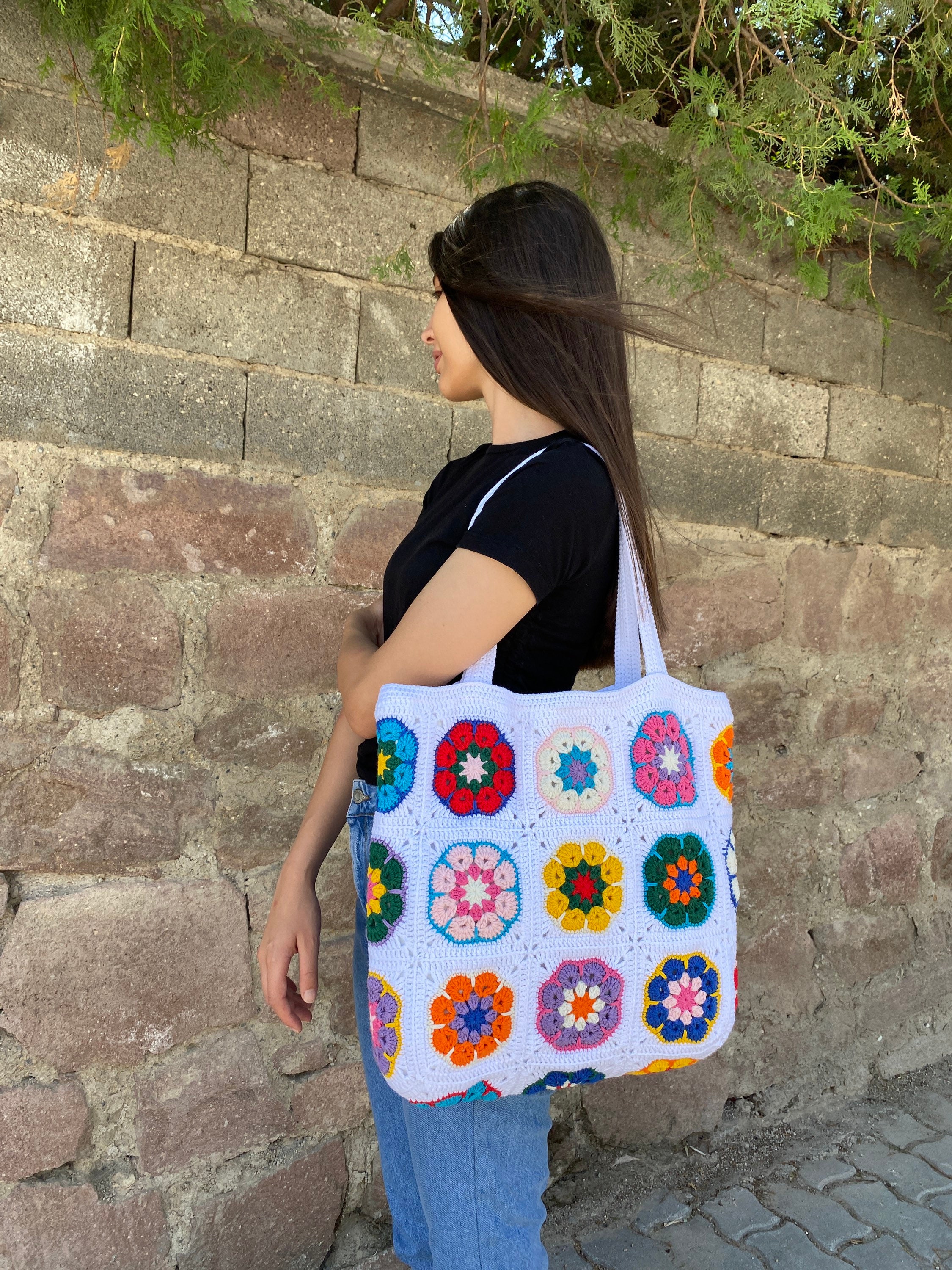 Afghan Crochet Bag, Granny Square Bag, Daisy Crochet Bag, Cotton White Bag, Floral Afghan Bag, Bo... — photo 6 of 10