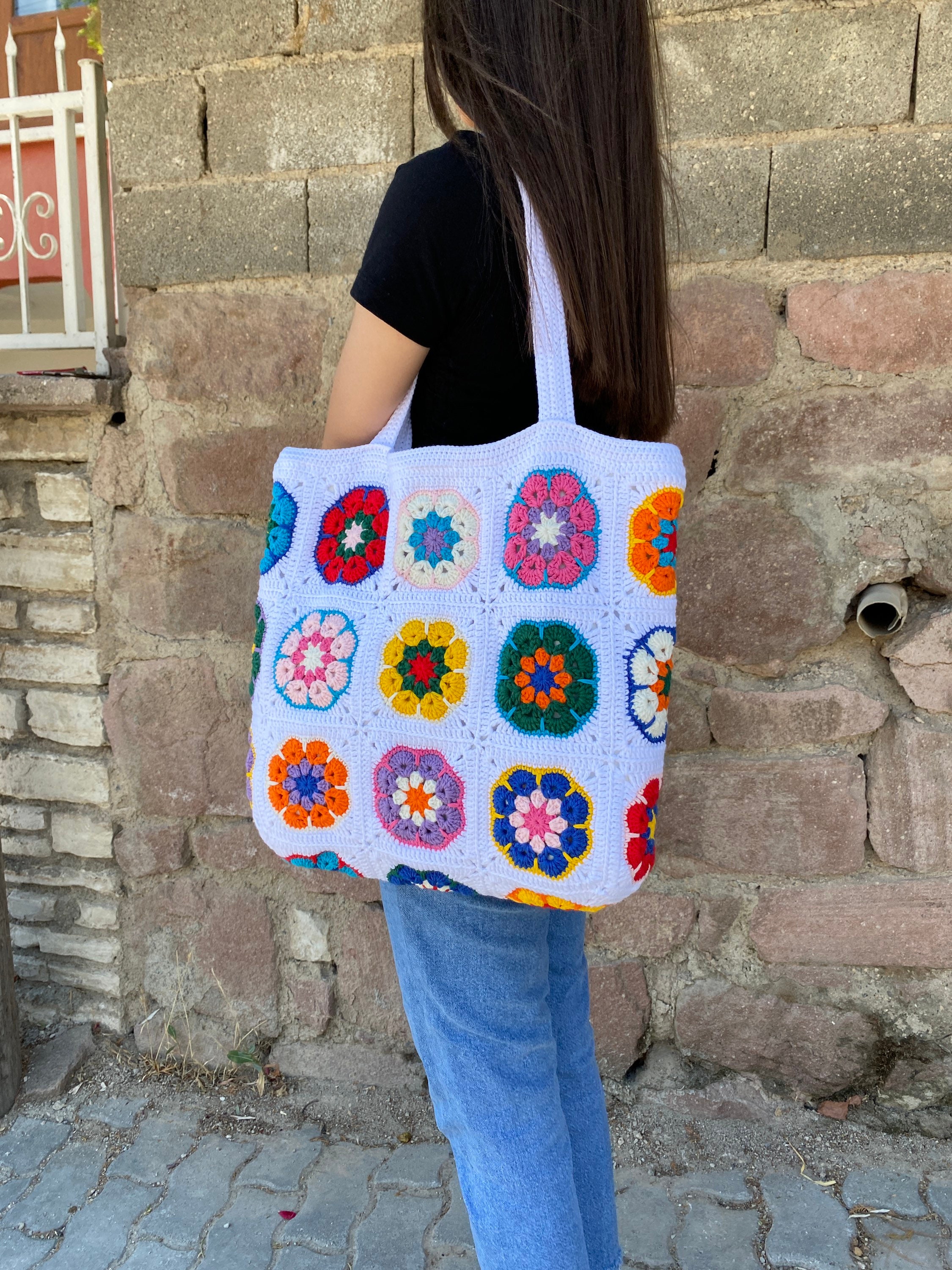 Afghan Crochet Bag, Granny Square Bag, Daisy Crochet Bag, Cotton White Bag, Floral Afghan Bag, Boho Bag, Granny Square Shoulder Bag, Gift