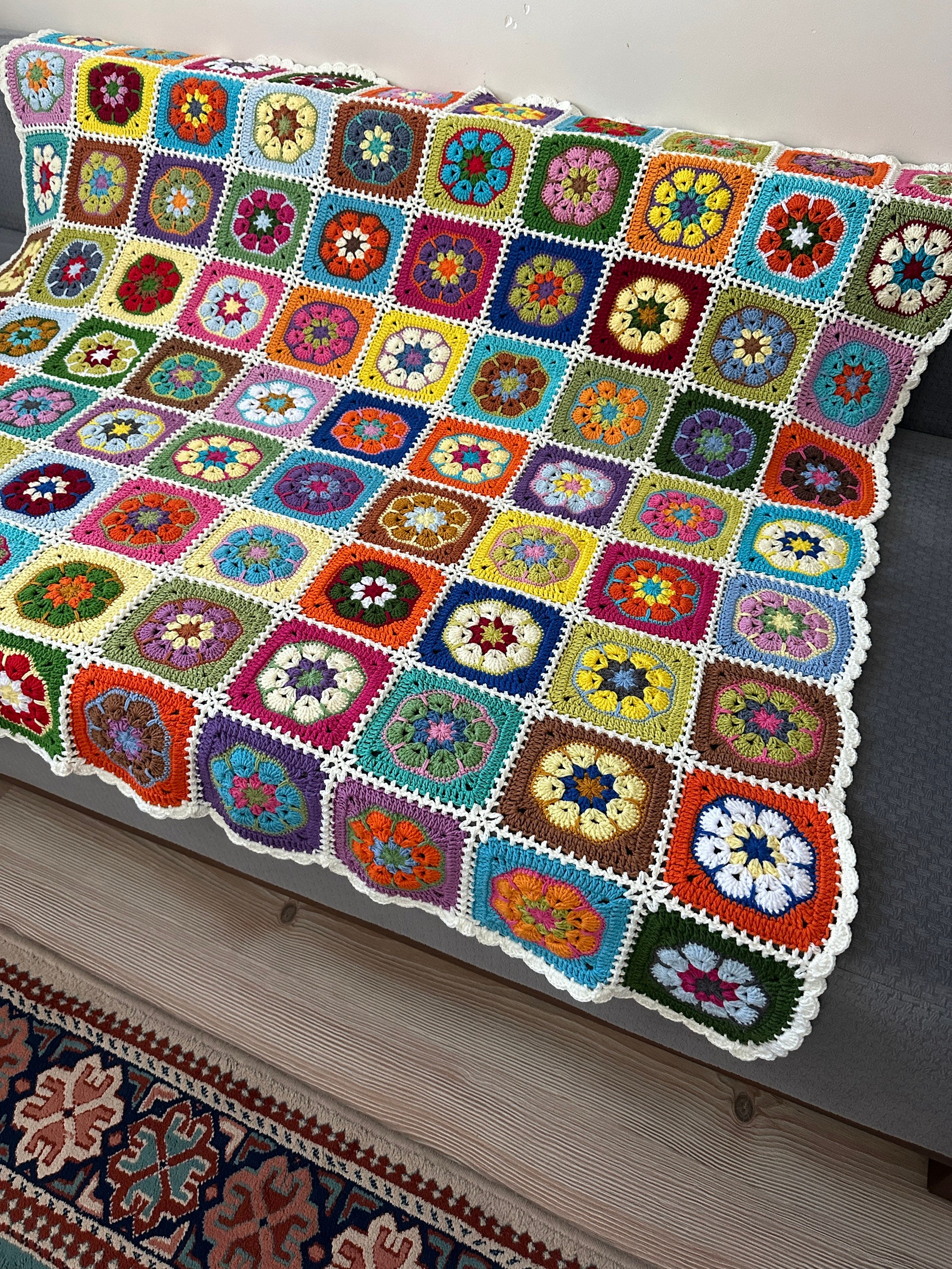 Afghan Crochet Blanket, Granny Square Couch Blanket, Crochet Tv Blanket, TV Throw Blanket, Cotton... — photo 5 of 10