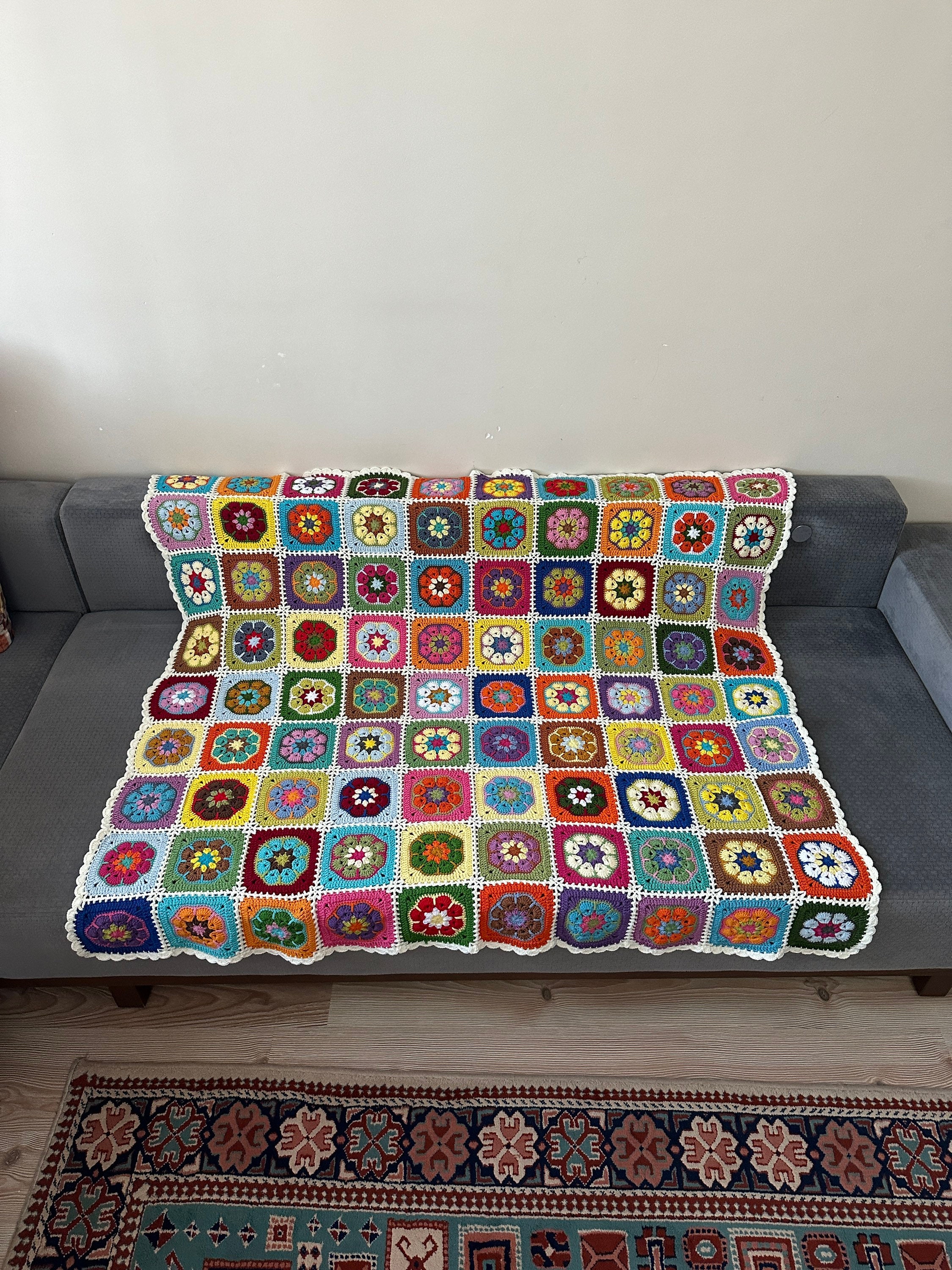 Afghan Crochet Blanket, Granny Square Couch Blanket, Crochet Tv Blanket, TV Throw Blanket, Cotton... — photo 7 of 10
