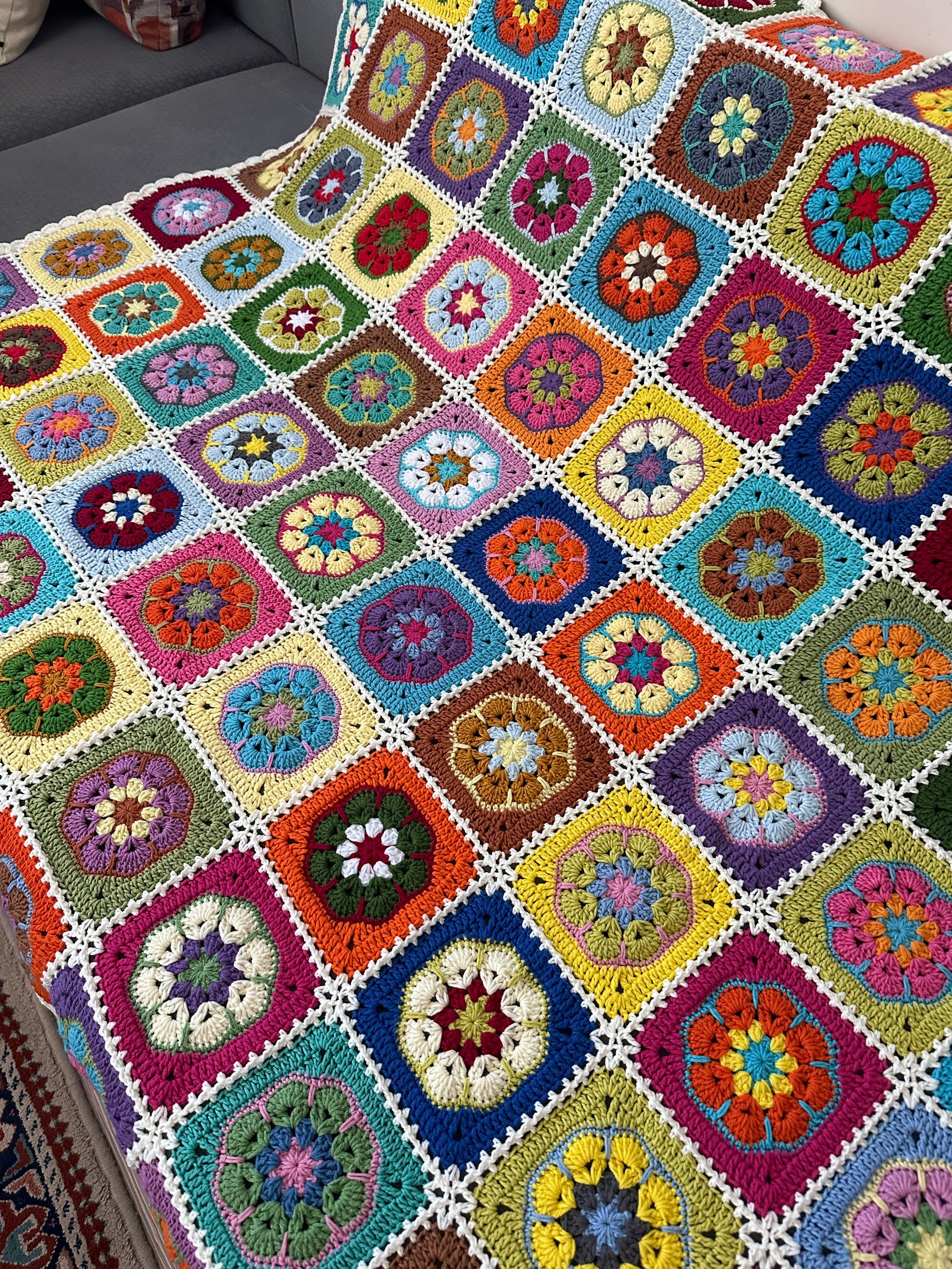 Afghan Crochet Blanket, Granny Square Couch Blanket, Crochet Tv Blanket, TV Throw Blanket, Cotton... — photo 3 of 10