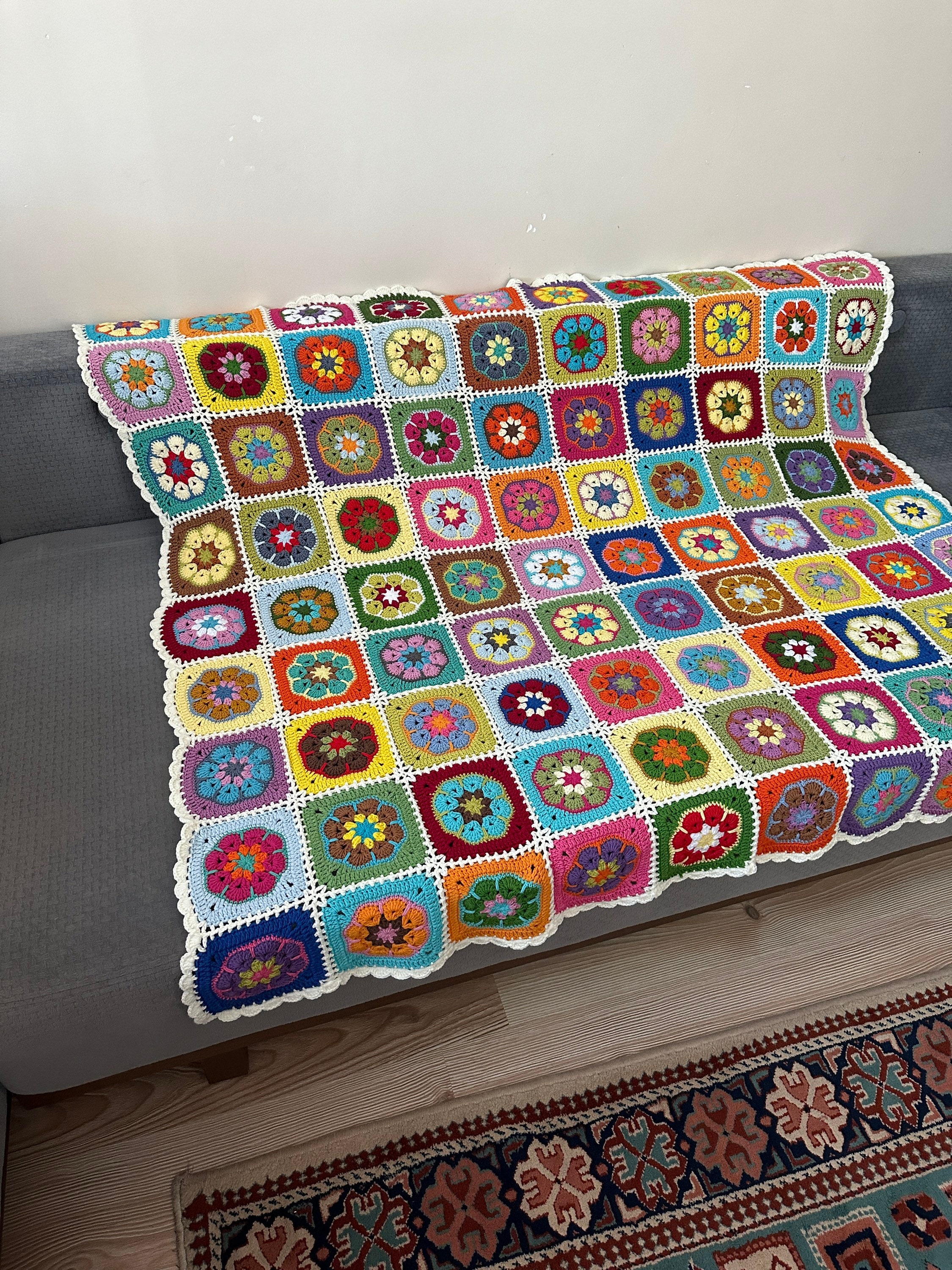 Afghan Crochet Blanket, Granny Square Couch Blanket, Crochet Tv Blanket, TV Throw Blanket, Cotton... — photo 6 of 10