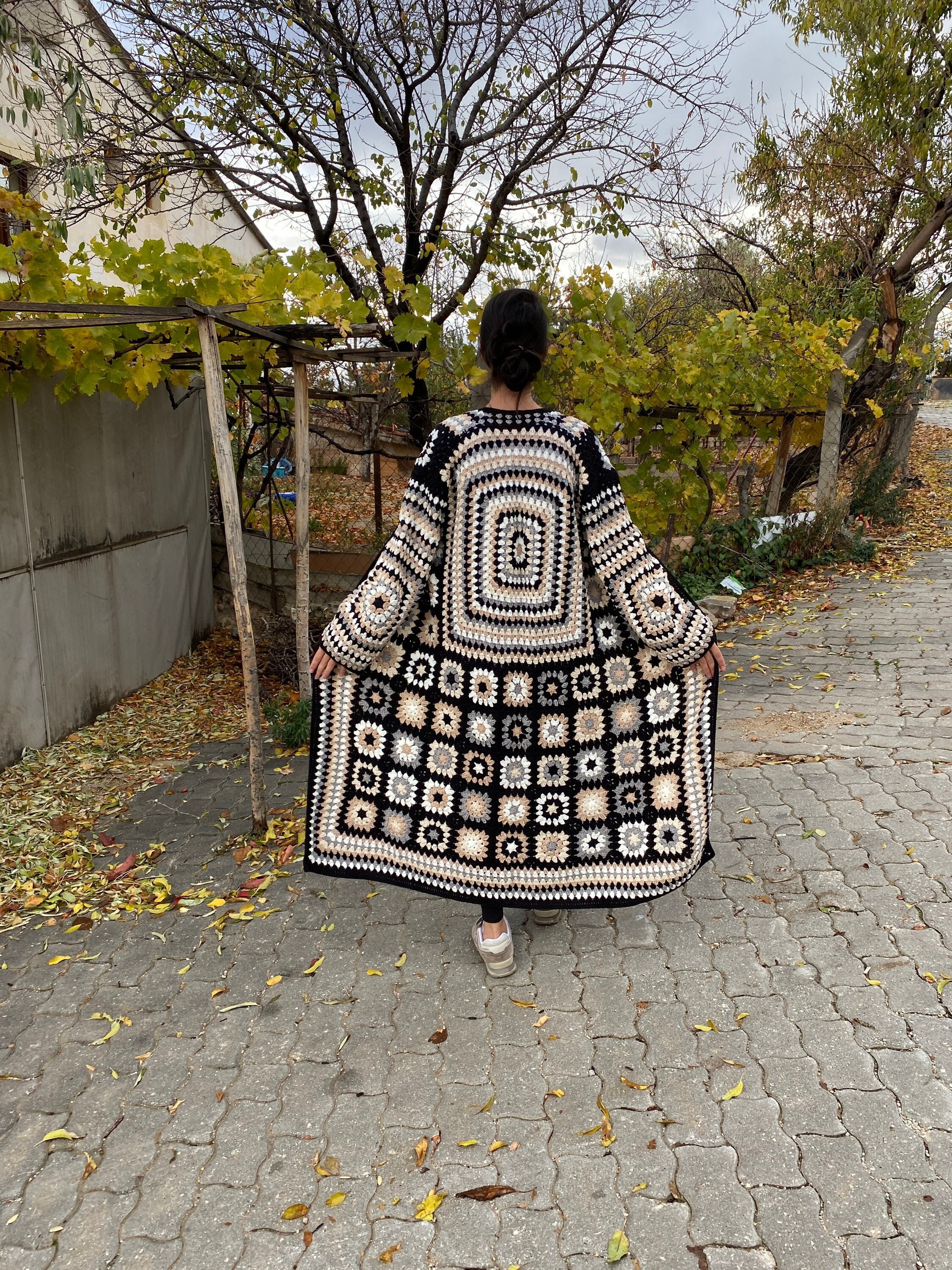 Afghan Crochet Cardigan, Long Granny Square Coat, Hand Knitted Sweater, Afghan Coat, Granny Squar... — photo 3 of 10