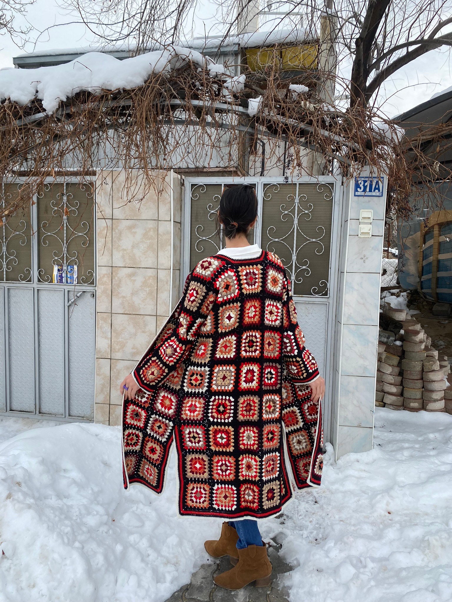 Afghan Crochet Cardigan, Long Granny Square Coat, Patchwork Cardigan, Granny Square Cardigan, Boh... — photo 5 of 10