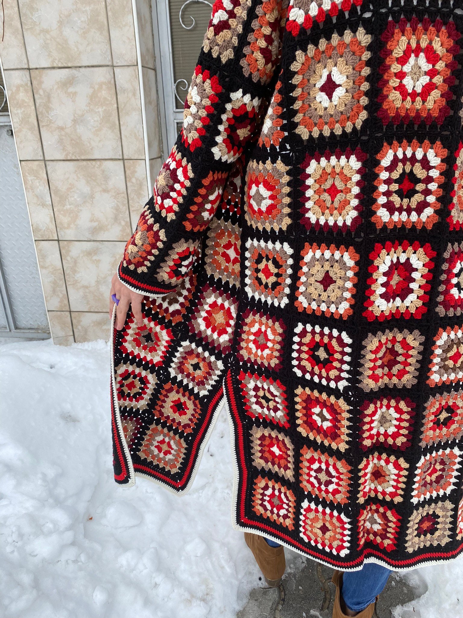 Afghan Crochet Cardigan, Long Granny Square Coat, Patchwork Cardigan, Granny Square Cardigan, Boh... — photo 2 of 10