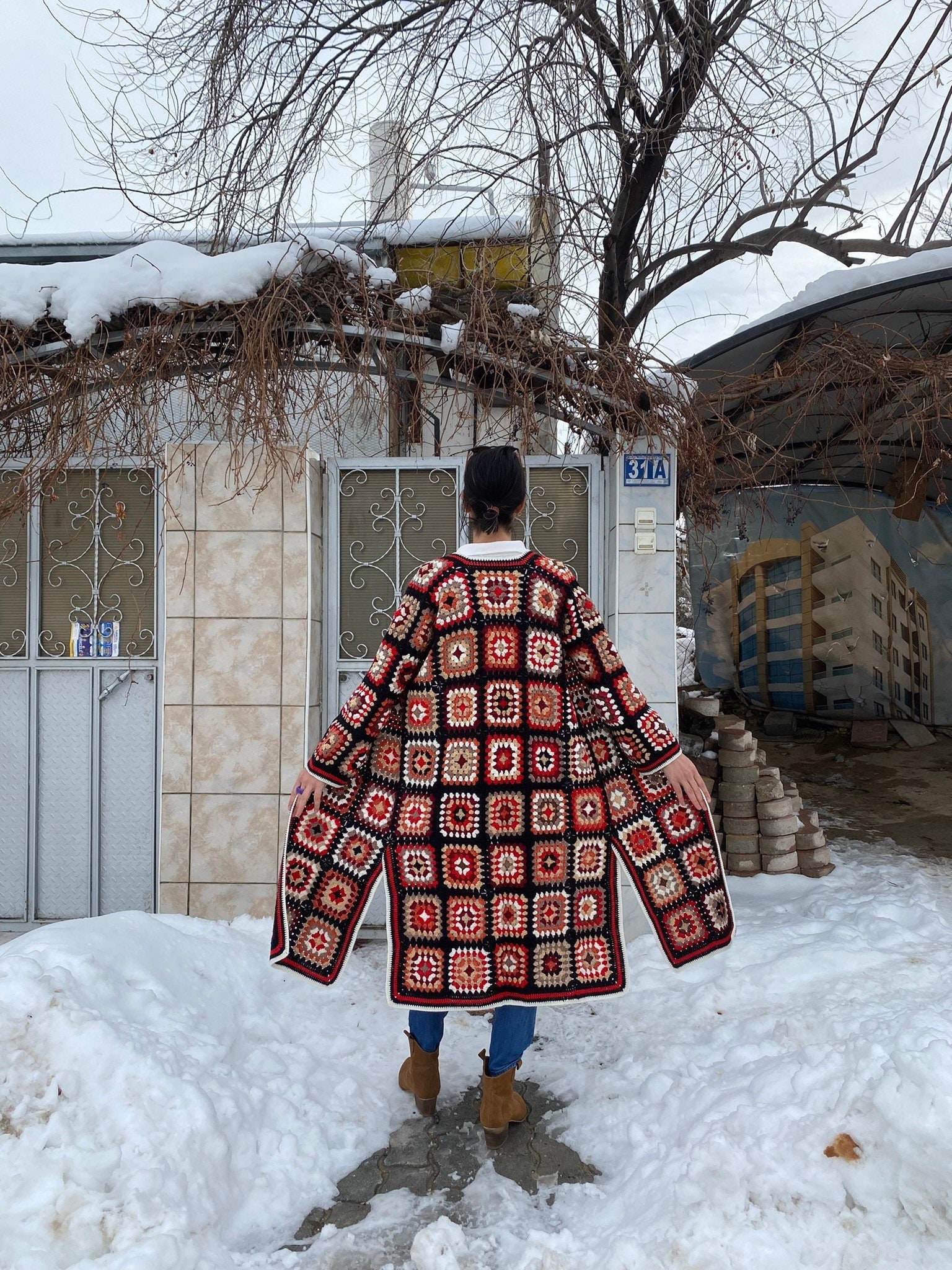 Afghan Crochet Cardigan, Long Granny Square Coat, Patchwork Cardigan, Granny Square Cardigan, Boh... — photo 7 of 10