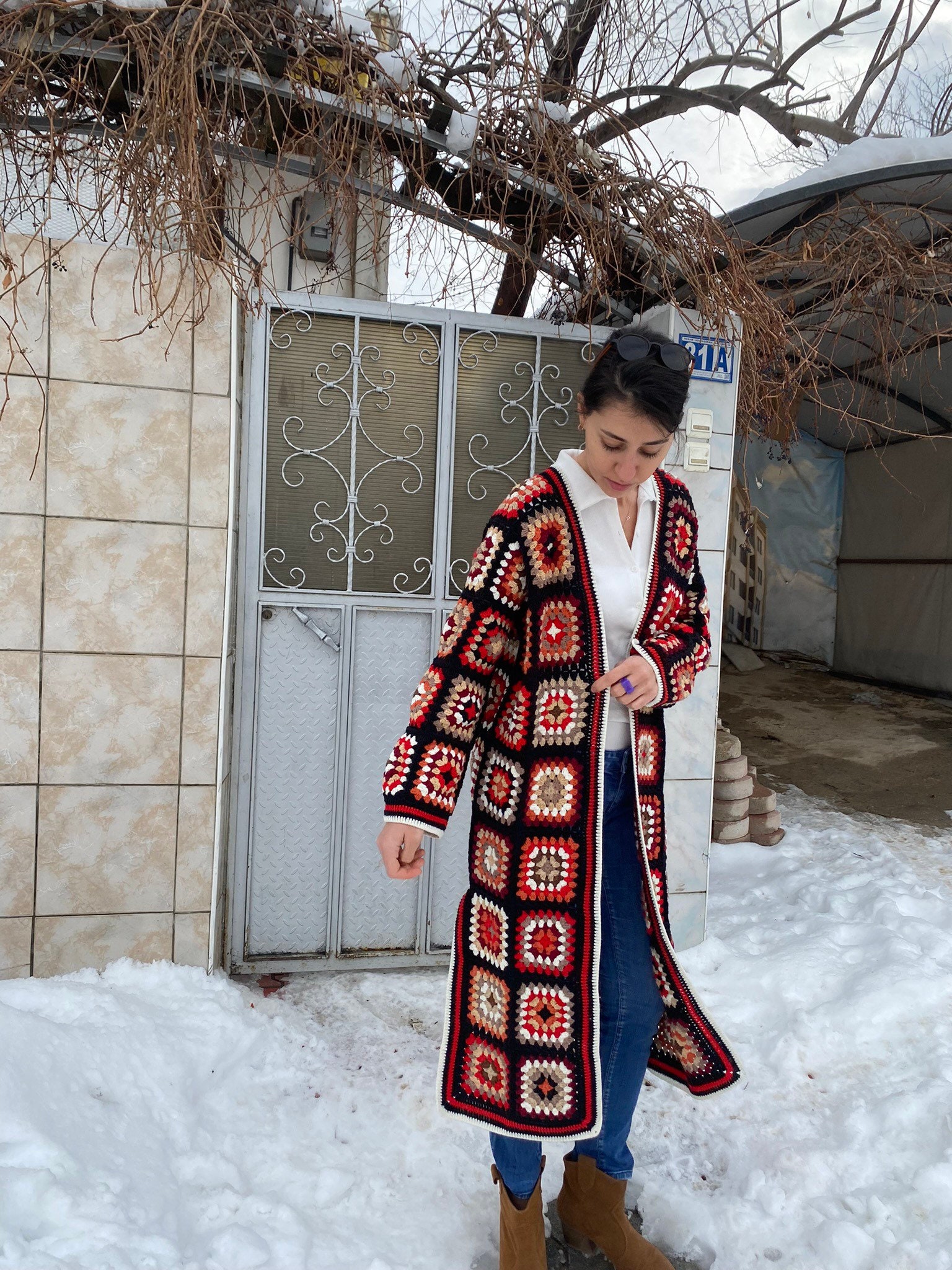 Afghan Crochet Cardigan, Long Granny Square Coat, Patchwork Cardigan, Granny Square Cardigan, Boh... — photo 4 of 10