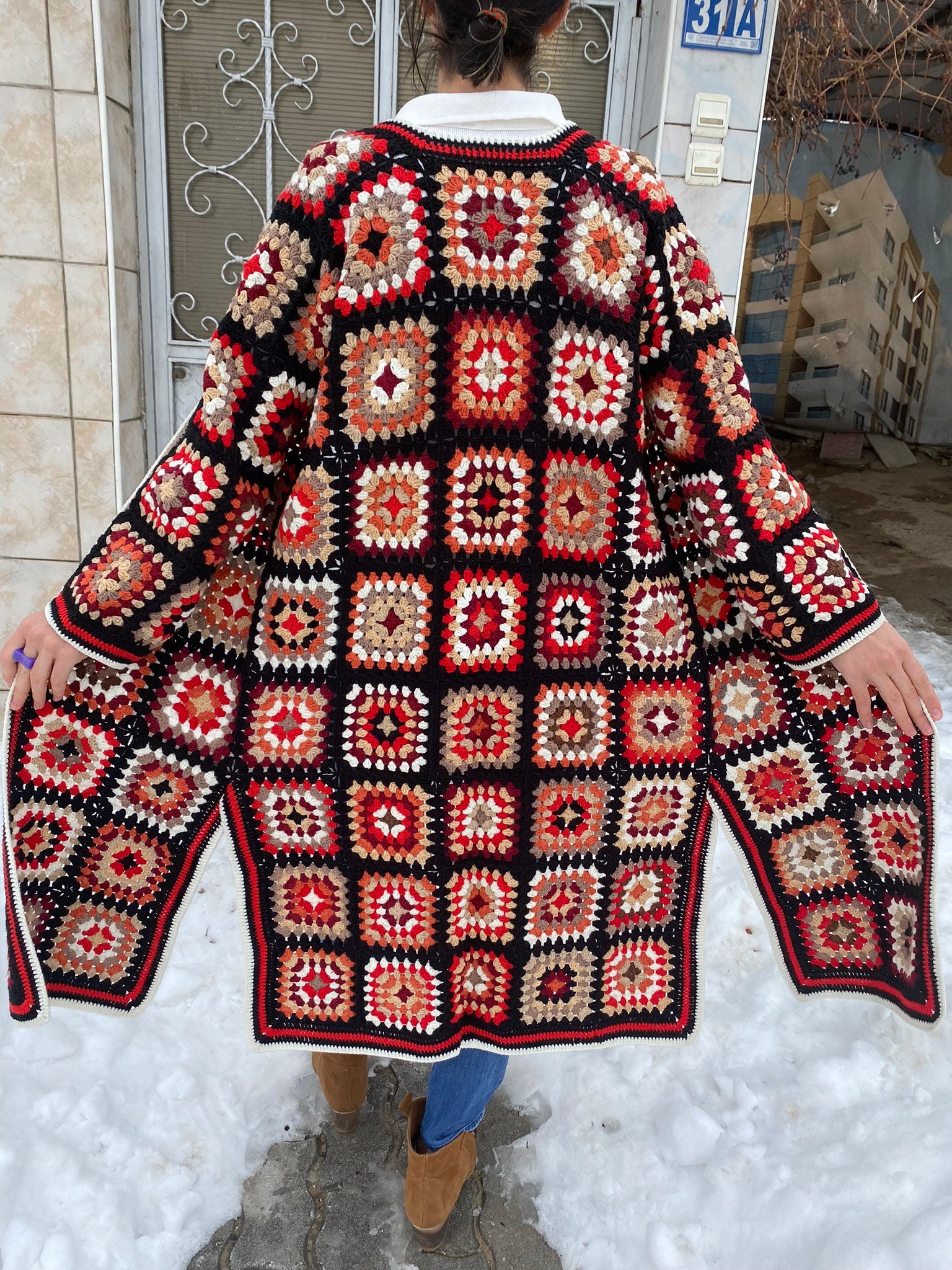 Afghan Crochet Cardigan, Long Granny Square Coat, Patchwork Cardigan, Granny Square Cardigan, Boh... — photo 3 of 10