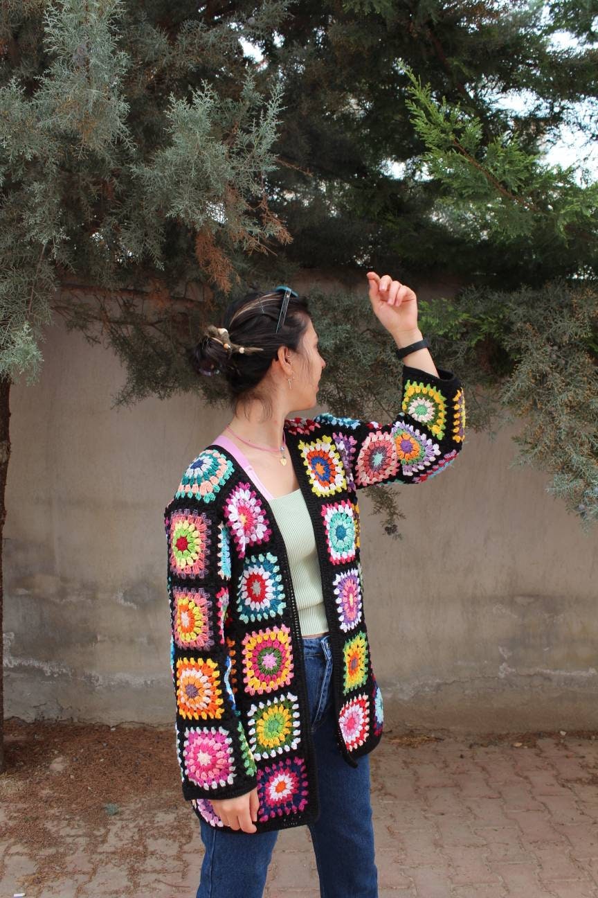 Afghan Crochet Coat, Granny Square Cardigan, Boho Multicolor Handknitted, Colorful Handmade Sweat... — photo 5 of 10