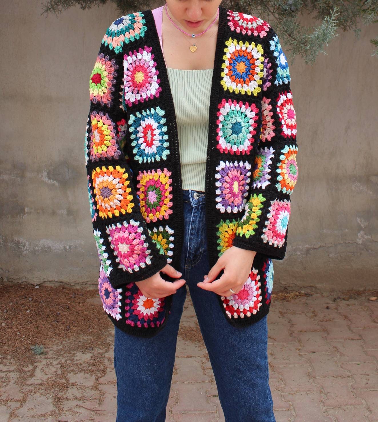 Afghan Crochet Coat, Granny Square Cardigan, Boho Multicolor Handknitted, Colorful Handmade Sweat... — photo 2 of 10