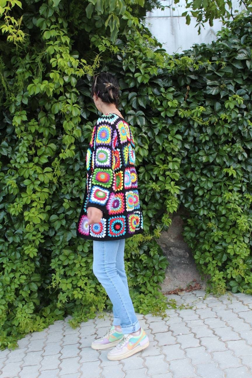 Afghan Crochet Coat, Granny Square Cardigan, Boho Multicolor Handknitted, Colorful Handmade Sweat... — photo 6 of 10