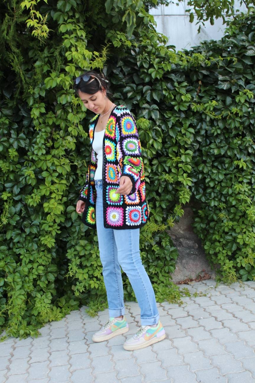Afghan Crochet Coat, Granny Square Cardigan, Boho Multicolor Handknitted, Colorful Handmade Sweat... — photo 7 of 10