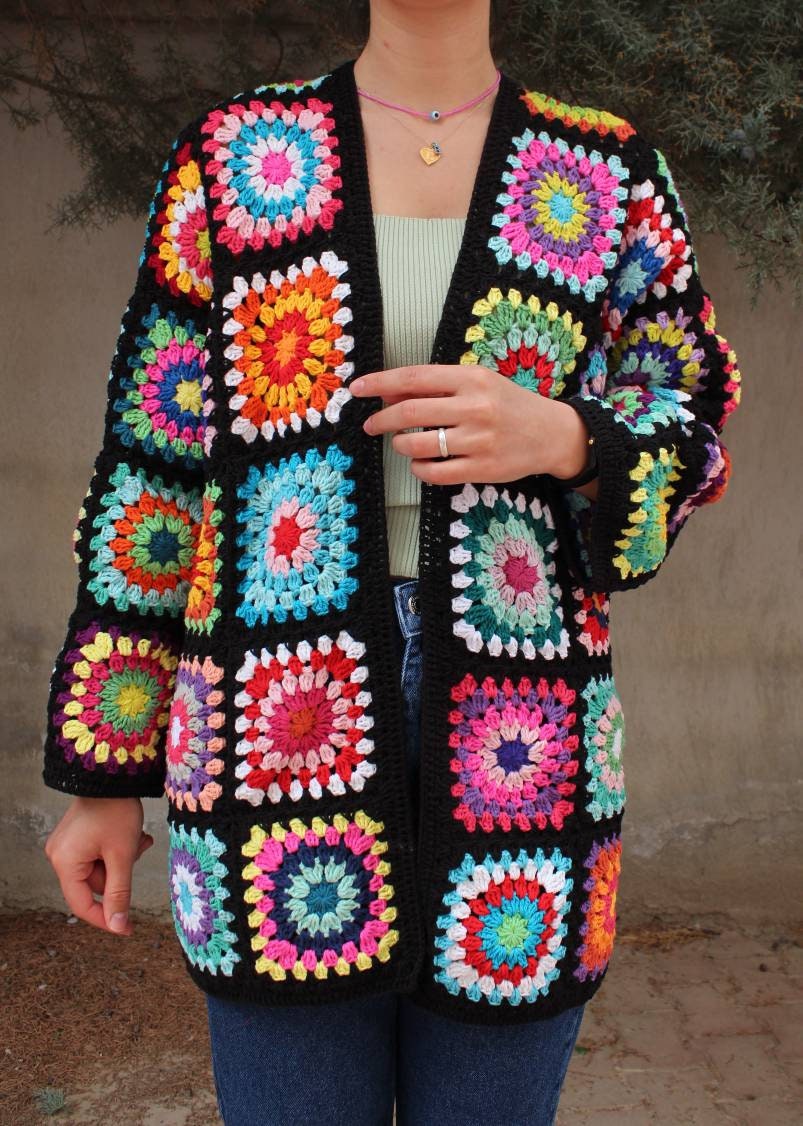 Afghan Crochet Coat, Granny Square Cardigan, Boho Multicolor Handknitted, Colorful Handmade Sweater, Women's Hippie Vintage Cotton Patchwork