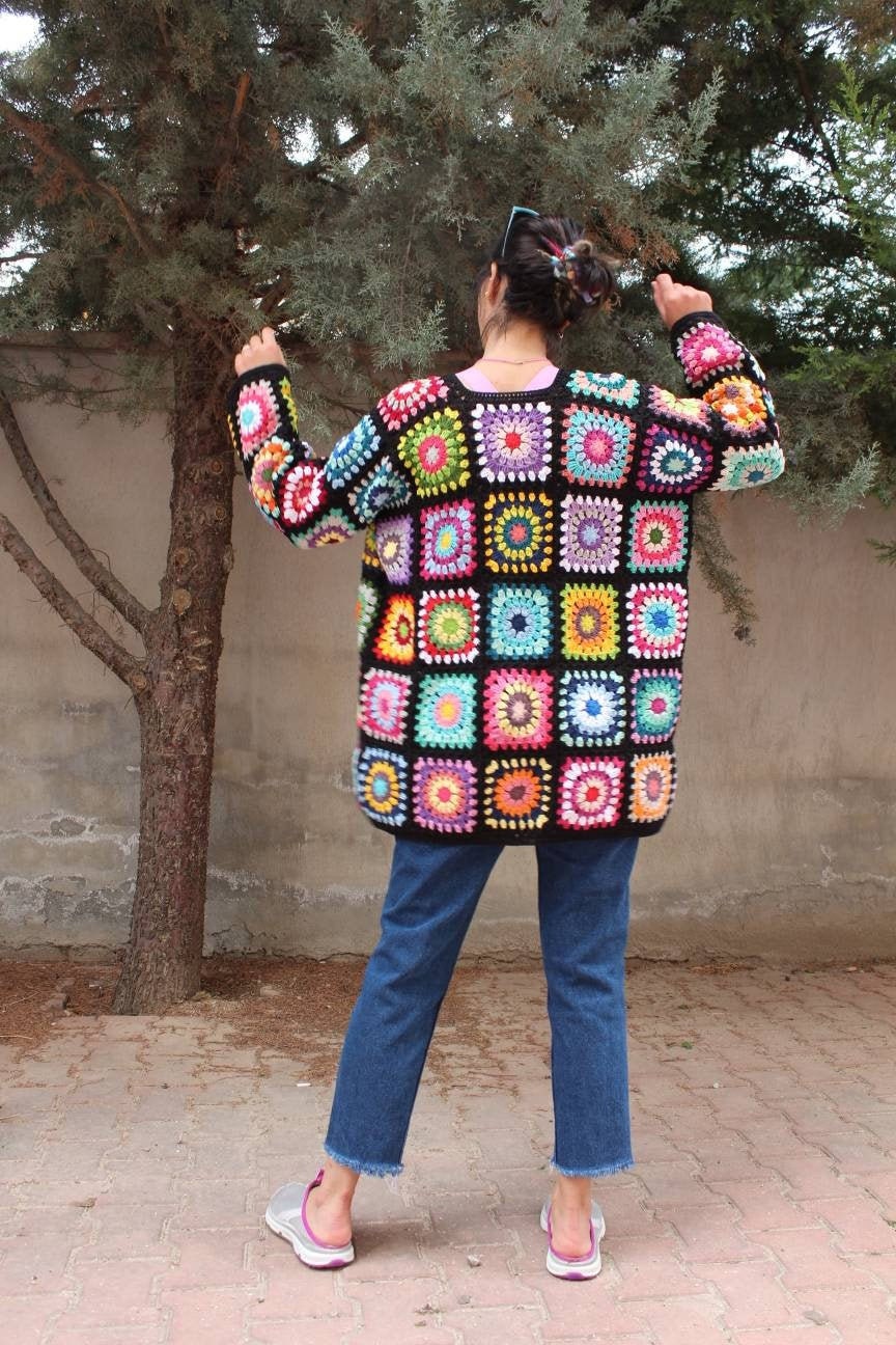 Afghan Crochet Coat, Granny Square Cardigan, Boho Multicolor Handknitted, Colorful Handmade Sweat... — photo 3 of 10