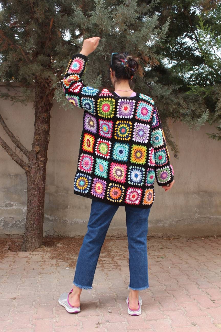 Afghan Crochet Coat, Granny Square Cardigan, Boho Multicolor Handknitted, Colorful Handmade Sweat... — photo 4 of 10