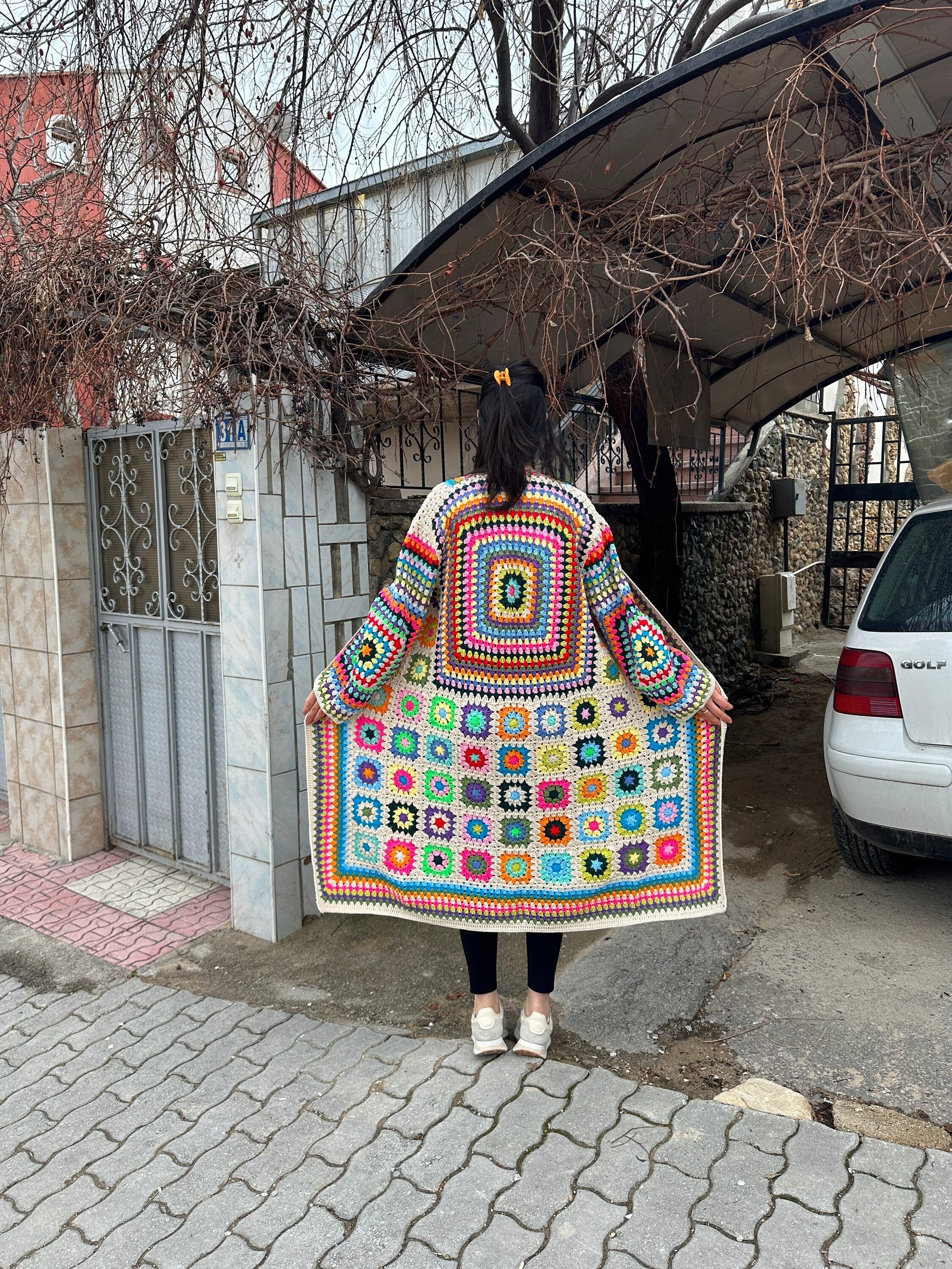 Afghan Crochet Coat, Granny Square Cardigan, Patchwork Sweater, Granny Square Sweater, Cotton Lon... — photo 2 of 10