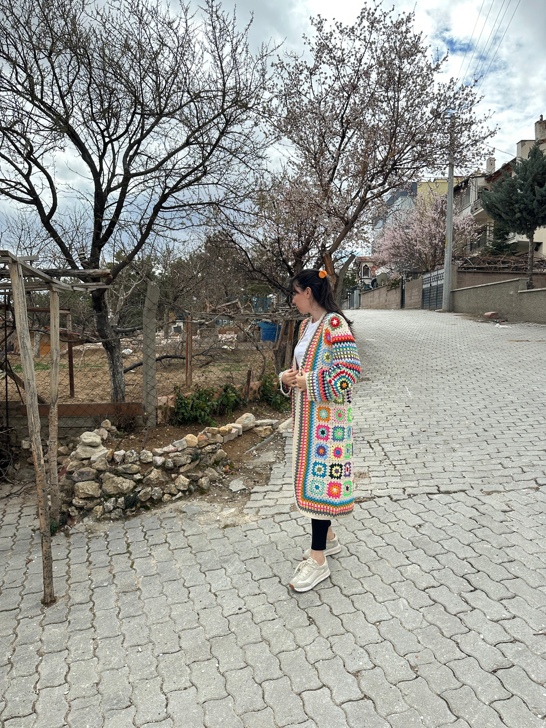 Afghan Crochet Coat, Granny Square Cardigan, Patchwork Sweater, Granny Square Sweater, Cotton Lon... — photo 7 of 10