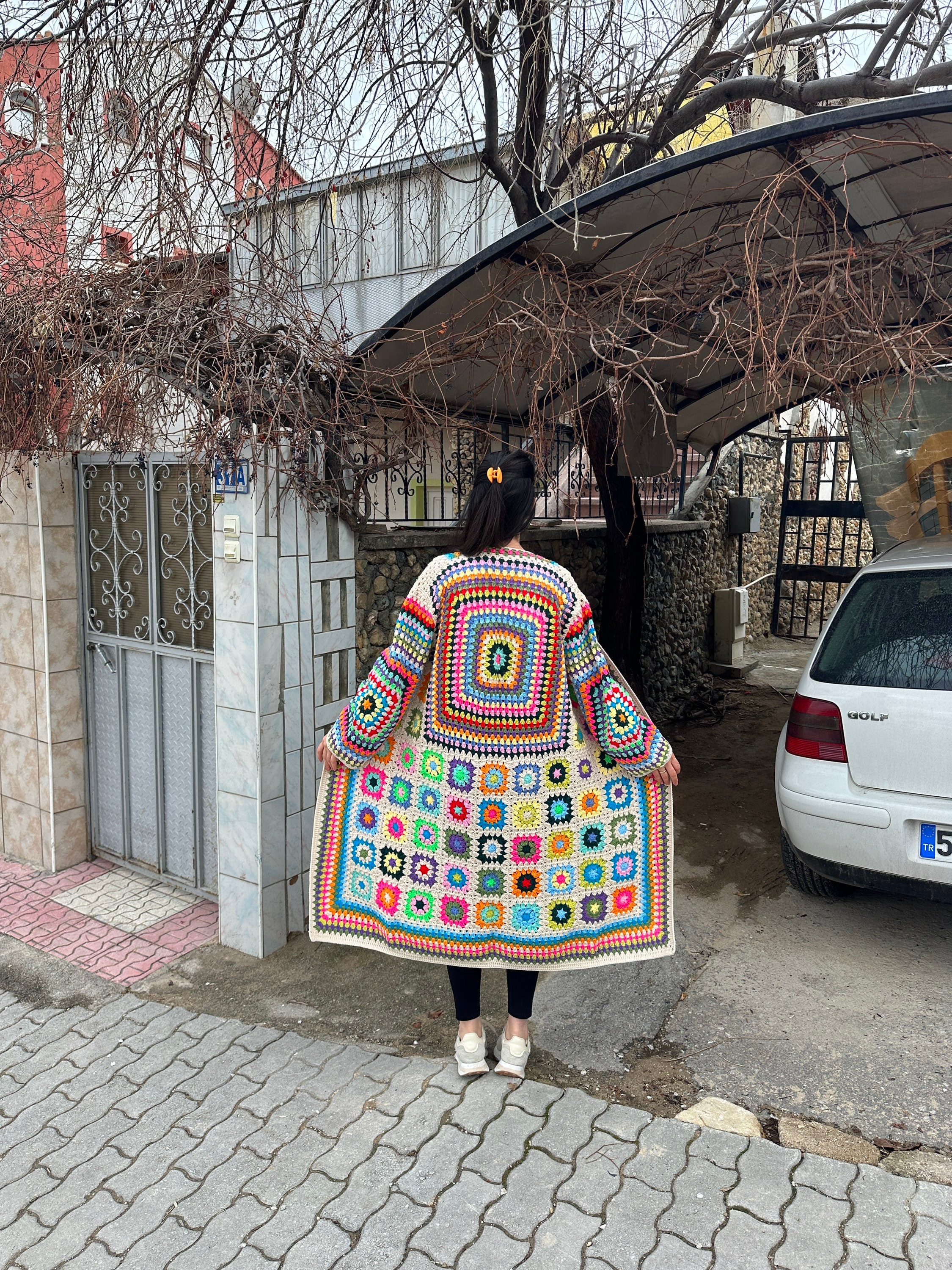 Afghan Crochet Coat, Granny Square Cardigan, Patchwork Sweater, Granny Square Sweater, Cotton Lon... — photo 3 of 10