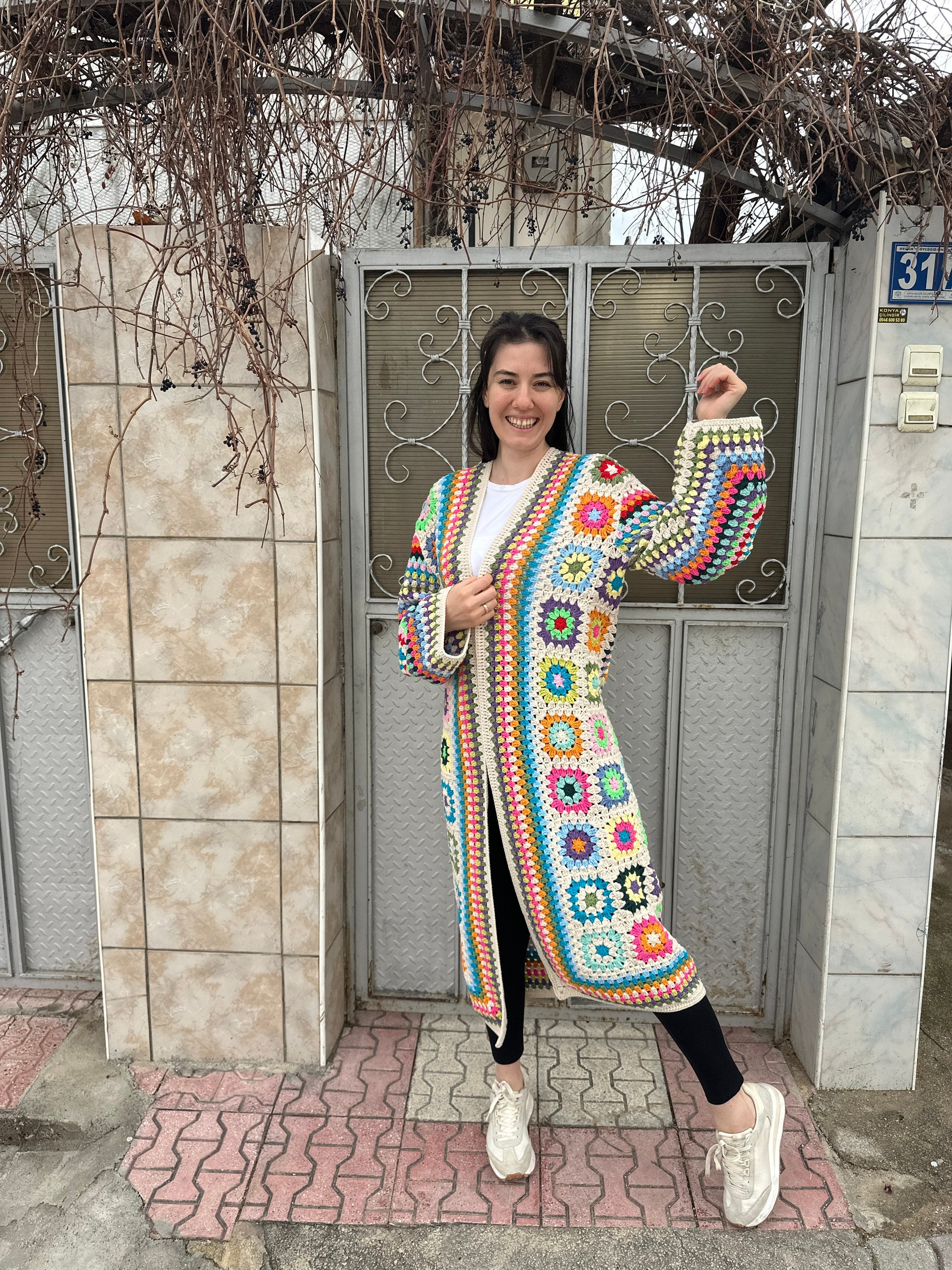 Afghan Crochet Coat, Granny Square Cardigan, Patchwork Sweater, Granny Square Sweater, Cotton Lon... — photo 5 of 10