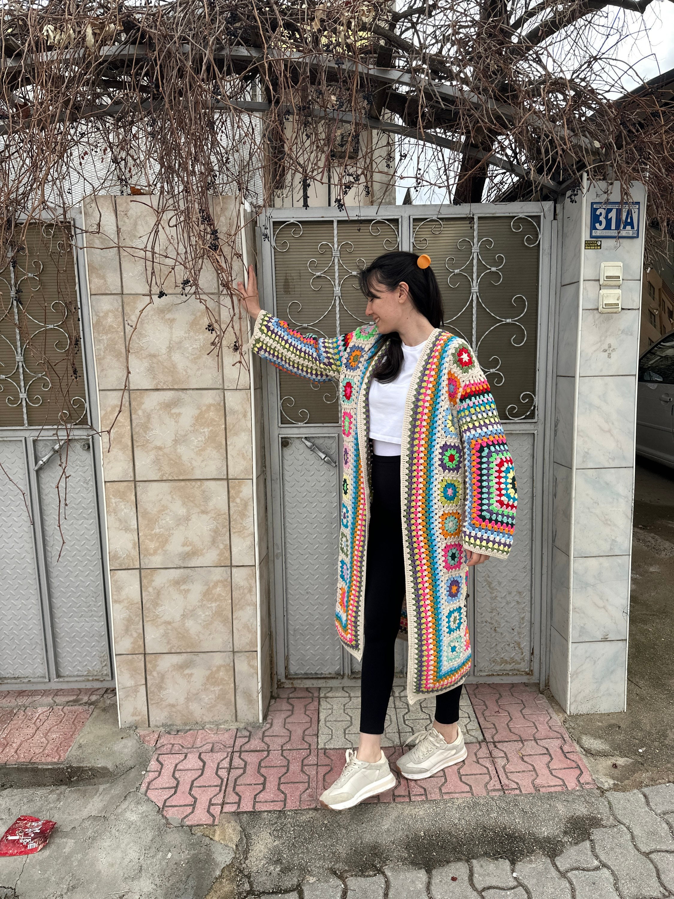 Afghan Crochet Coat, Granny Square Cardigan, Patchwork Sweater, Granny Square Sweater, Cotton Lon... — photo 6 of 10