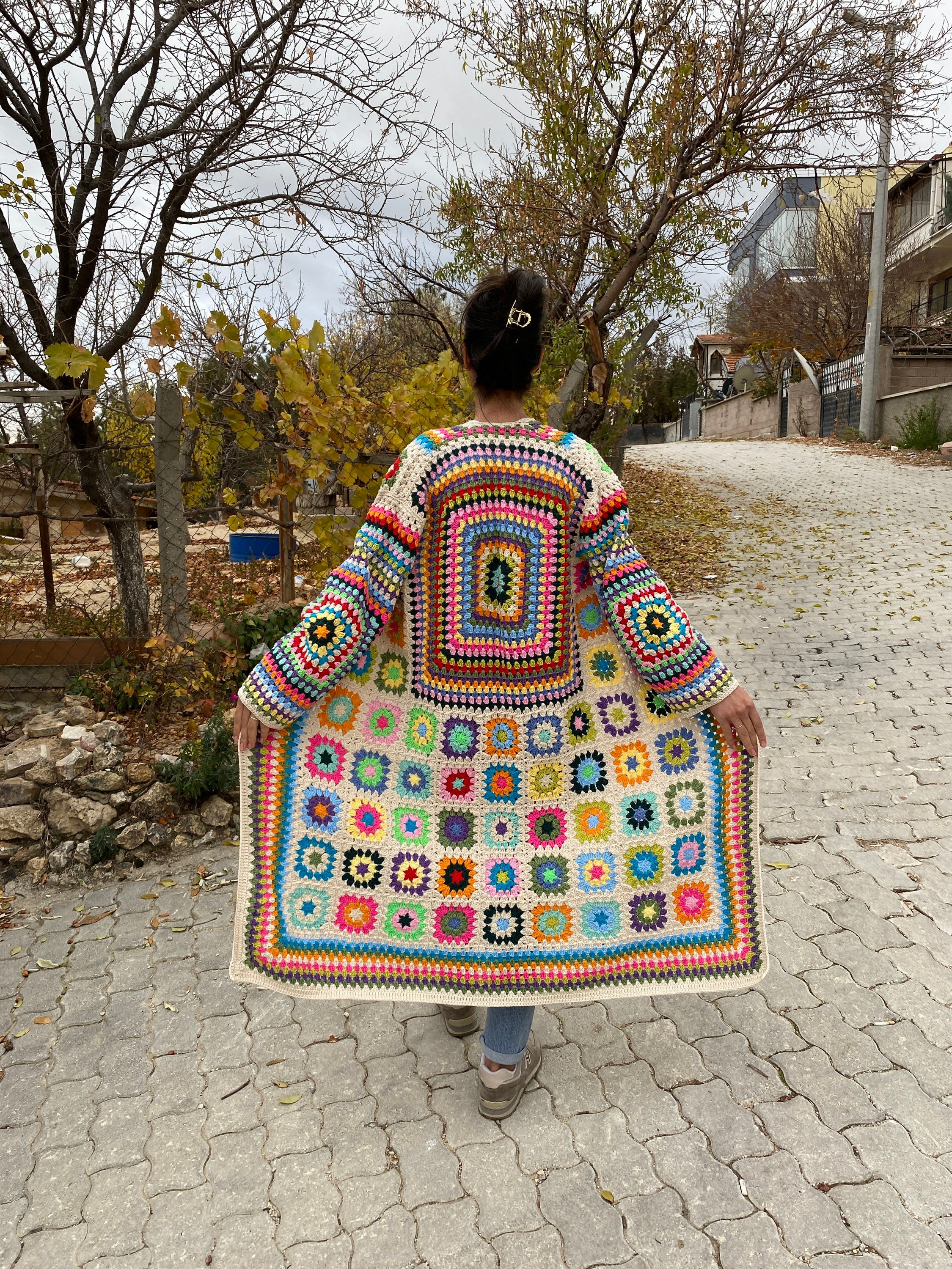 Afghan Long Cardigan, Granny Square Cardigan, Boho Jacket, Knit Cardigan, Granny Square Sweater, ... — photo 5 of 10