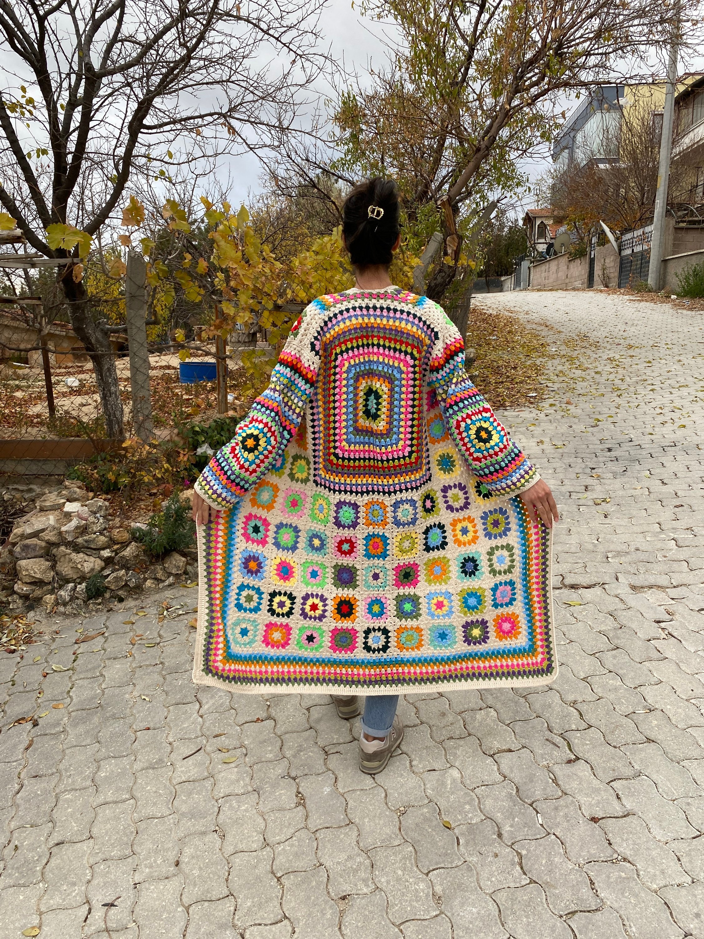 Afghan Long Cardigan, Granny Square Cardigan, Boho Jacket, Knit Cardigan, Granny Square Sweater, Granny Square Coat, Bohemian Cardigan, Gift