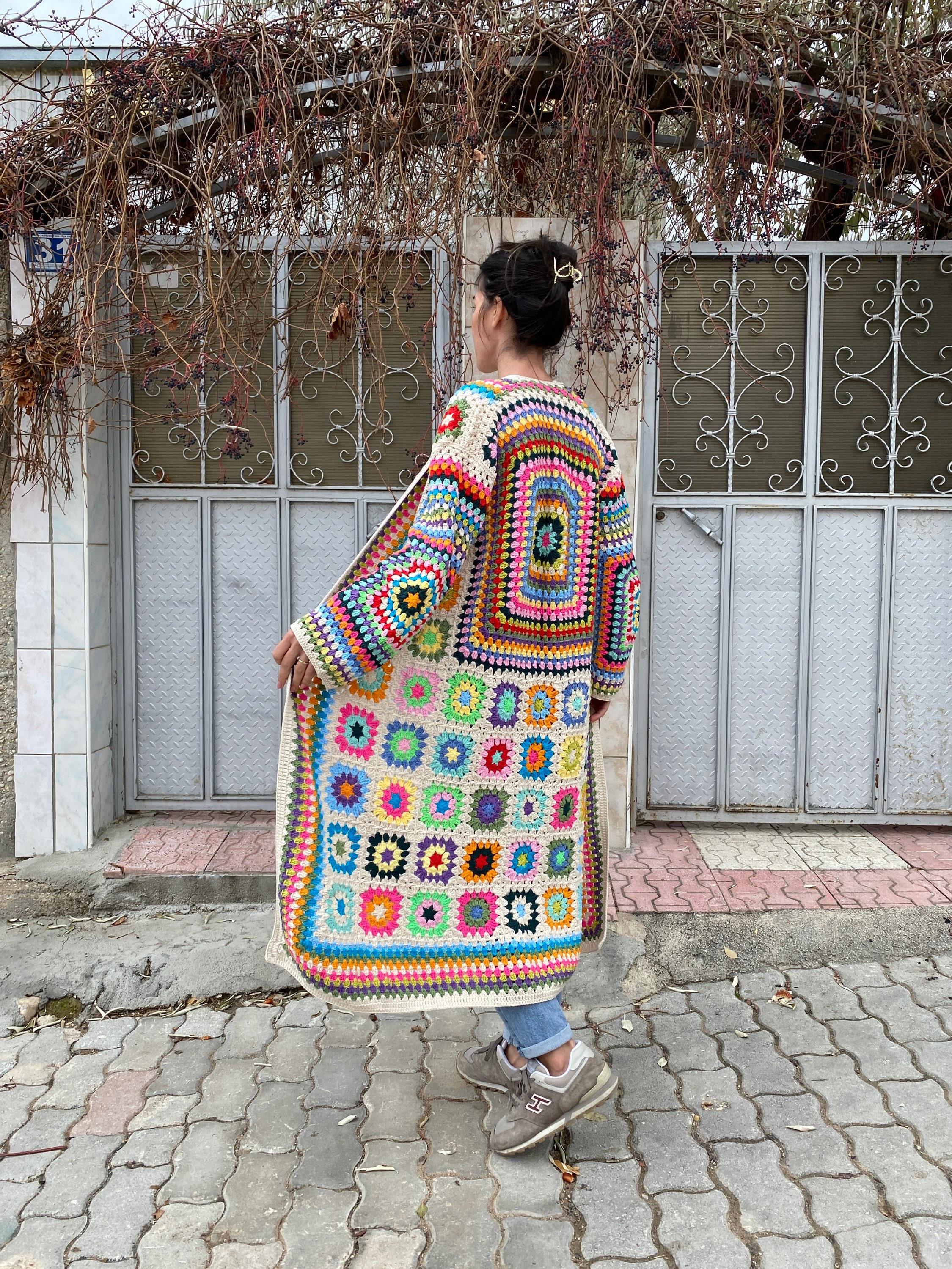 Afghan Long Cardigan, Granny Square Cardigan, Boho Jacket, Knit Cardigan, Granny Square Sweater, ... — photo 4 of 10