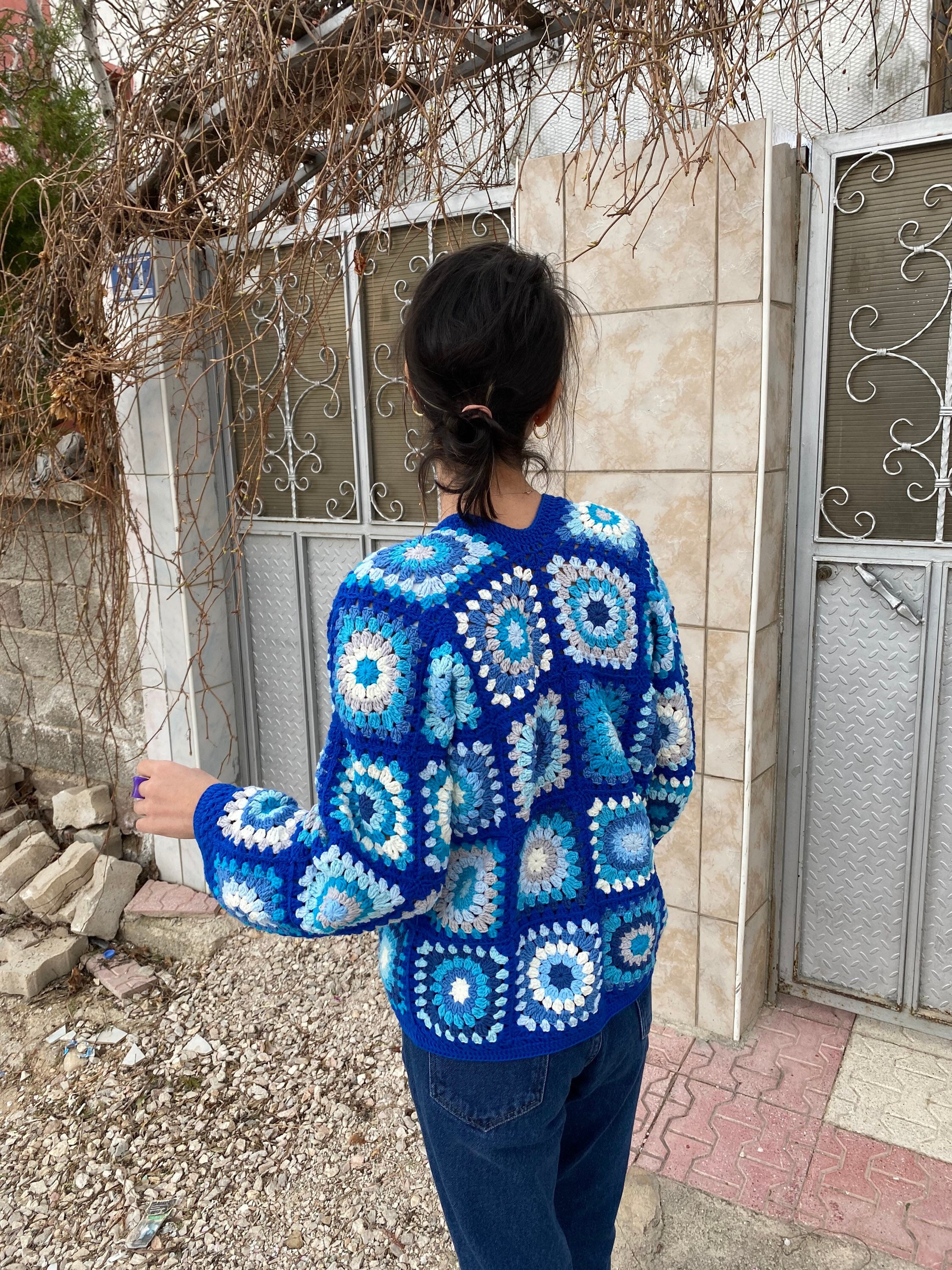 Afghan Style Coat Vintage Cardigan, Women's Hand Knit Hippie Cardigan, Granny Square Bohemian Cro... — photo 7 of 10