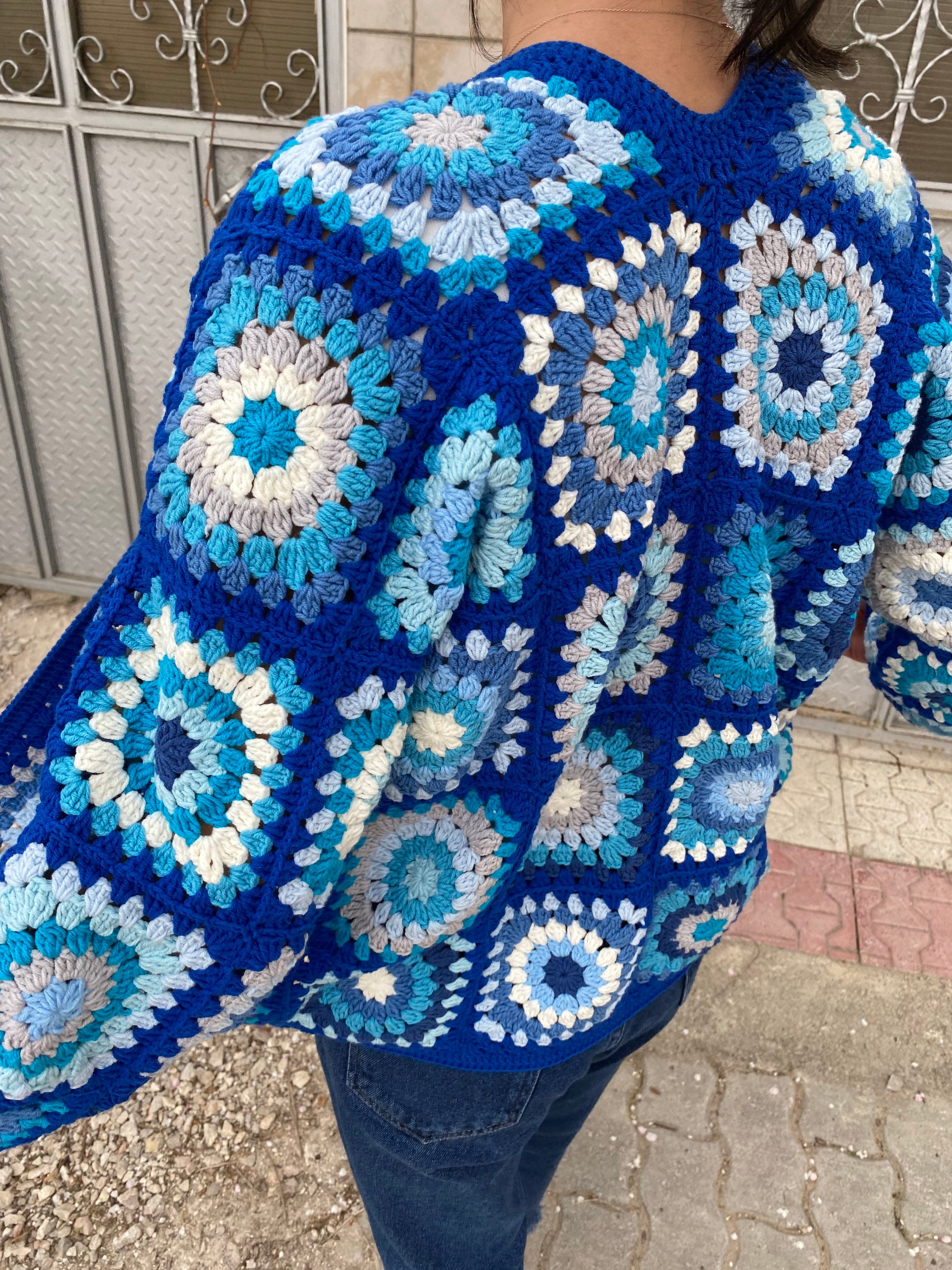 Afghan Style Coat Vintage Cardigan, Women's Hand Knit Hippie Cardigan, Granny Square Bohemian Cro... — photo 2 of 10