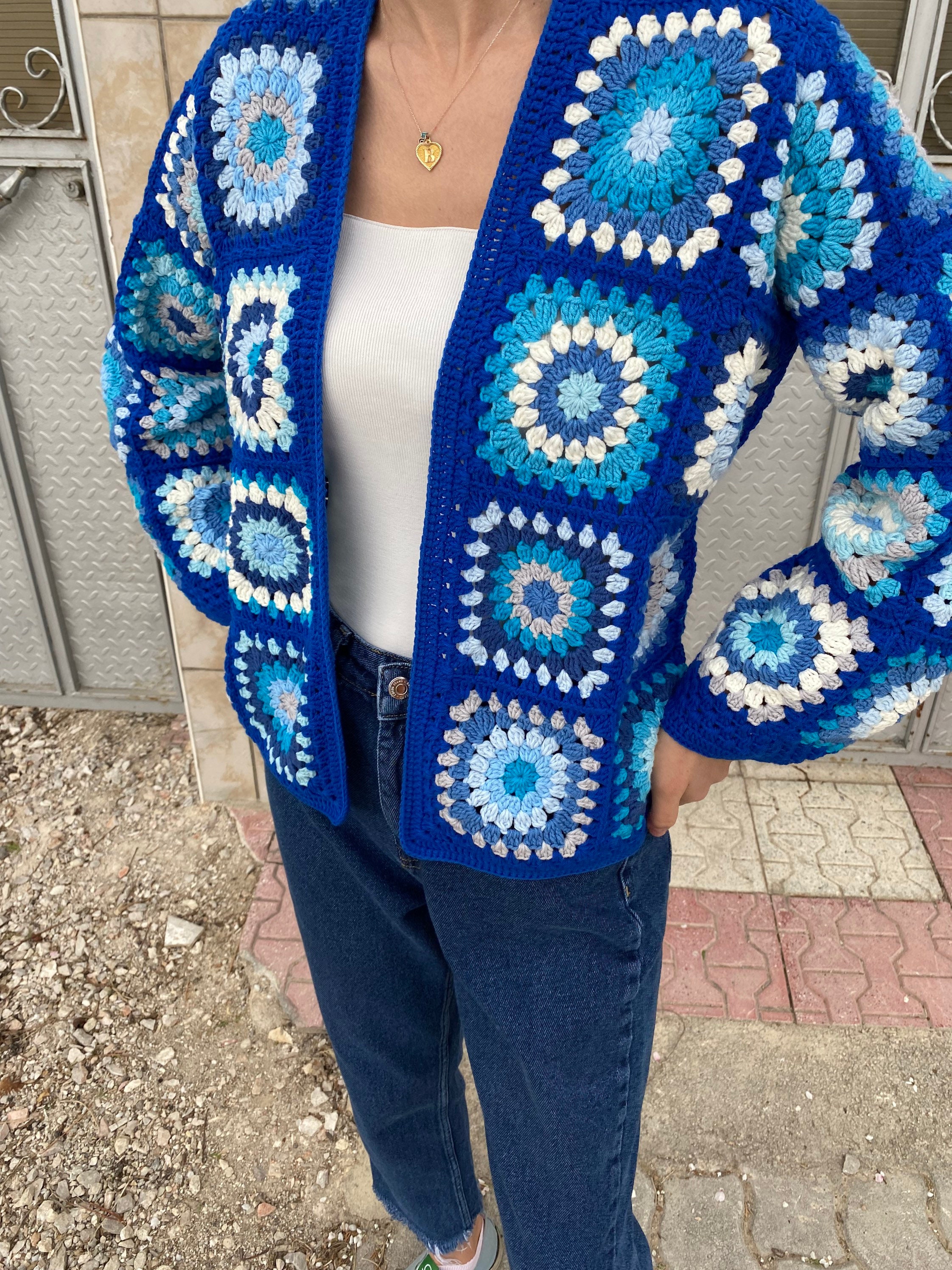 Afghan Style Coat Vintage Cardigan, Women's Hand Knit Hippie Cardigan, Granny Square Bohemian Cro... — photo 4 of 10