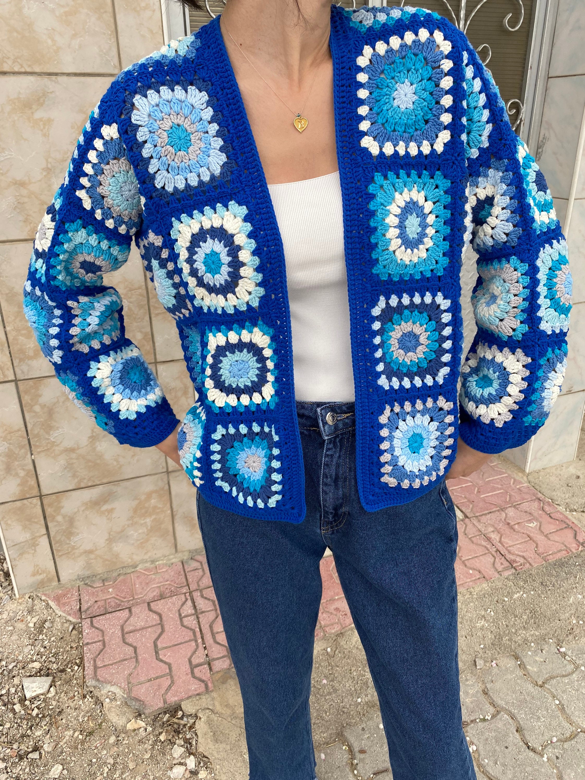 Afghan Style Coat Vintage Cardigan, Women's Hand Knit Hippie Cardigan, Granny Square Bohemian Cro... — photo 3 of 10