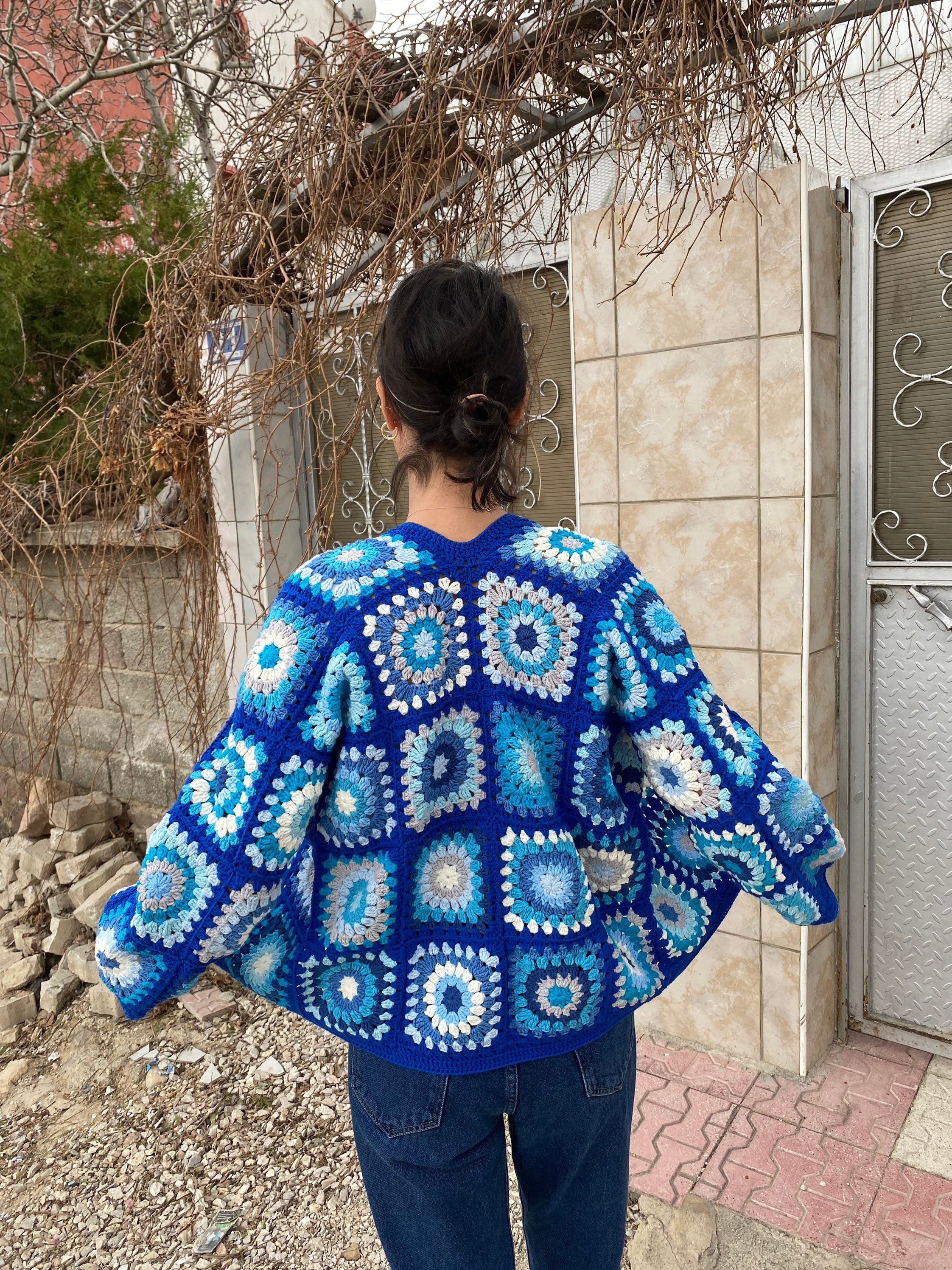 Afghan Style Coat Vintage Cardigan, Women's Hand Knit Hippie Cardigan, Granny Square Bohemian Cro... — photo 5 of 10