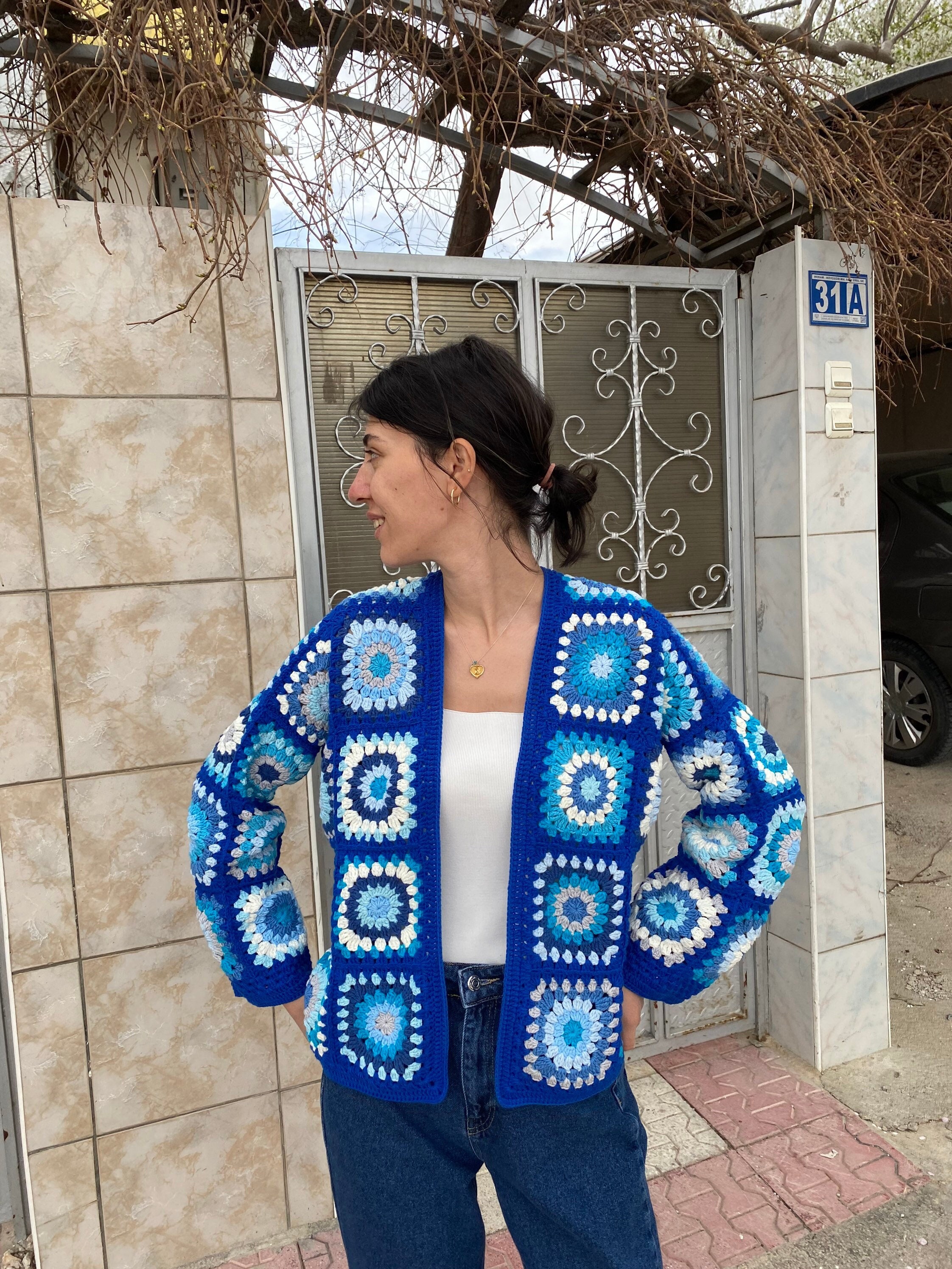 Afghan Style Coat Vintage Cardigan, Women's Hand Knit Hippie Cardigan, Granny Square Bohemian Crop Sweater, Summer Beach Jacket