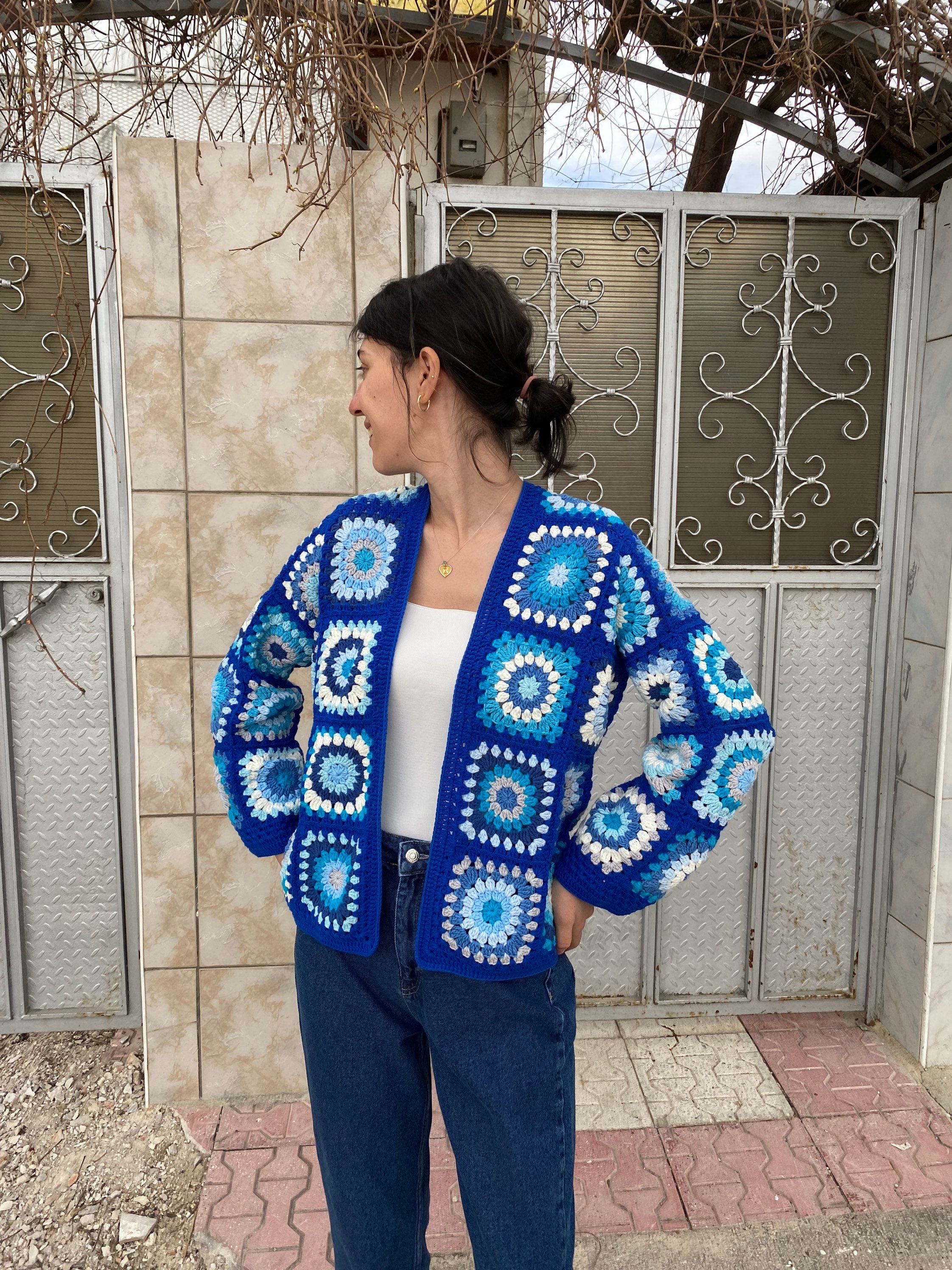 Afghan Style Coat Vintage Cardigan, Women's Hand Knit Hippie Cardigan, Granny Square Bohemian Cro... — photo 6 of 10