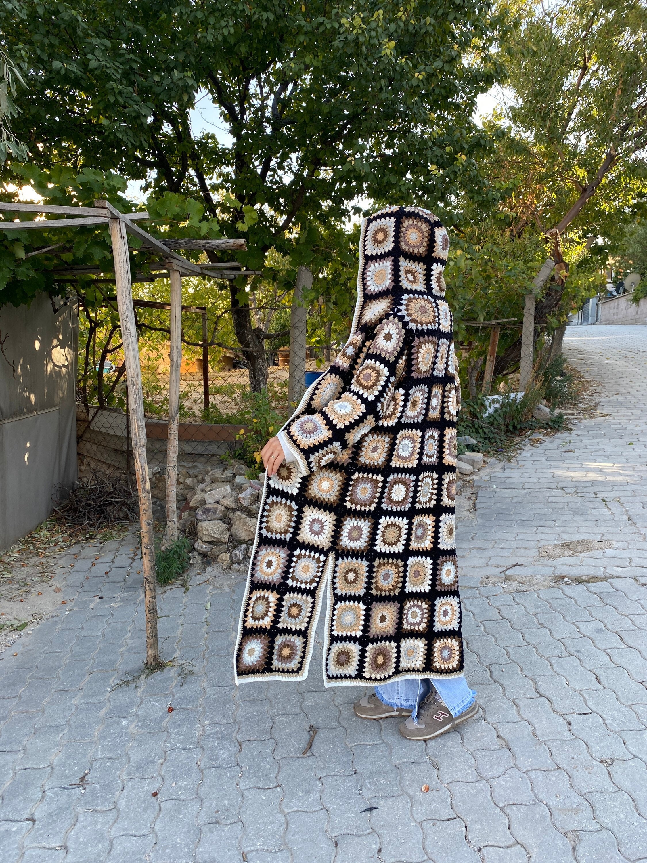 Black Hooded Granny Square Cardigan, Oversized Retro Long Sweater, Afghan Coat, Hippie Sweater, H... — photo 5 of 10