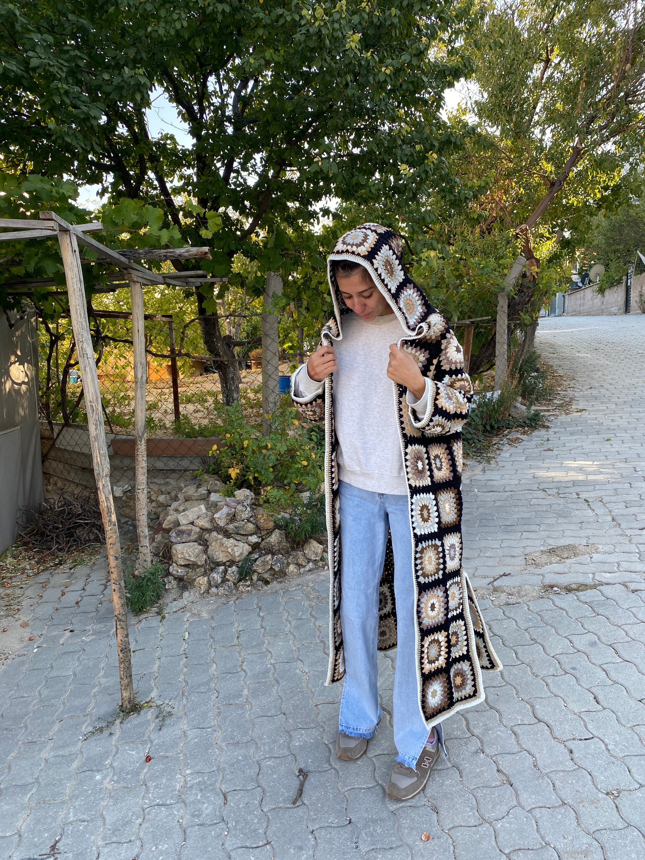 Black Hooded Granny Square Cardigan, Oversized Retro Long Sweater, Afghan Coat, Hippie Sweater, H... — photo 2 of 10