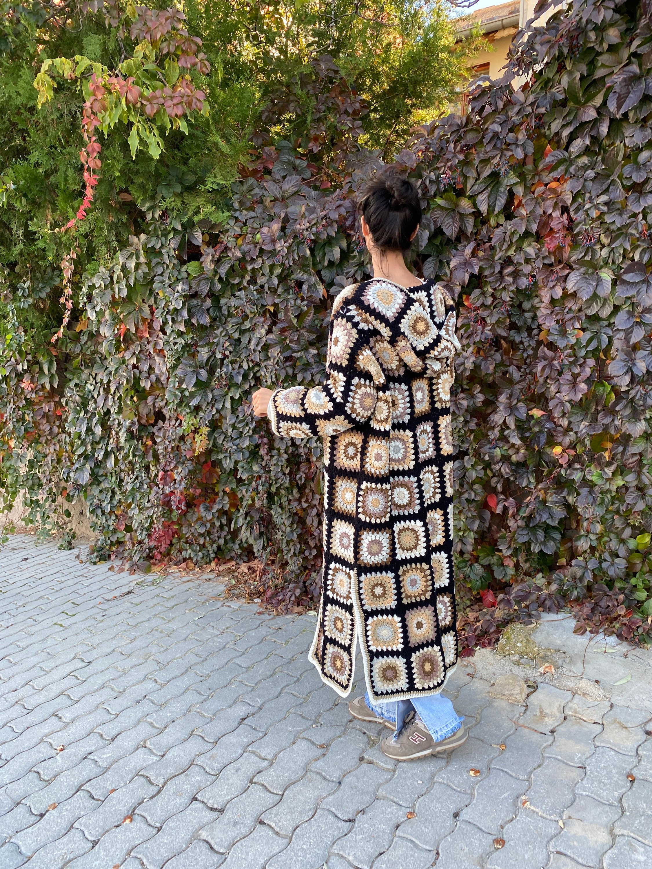 Black Hooded Granny Square Cardigan, Oversized Retro Long Sweater, Afghan Coat, Hippie Sweater, H... — photo 4 of 10