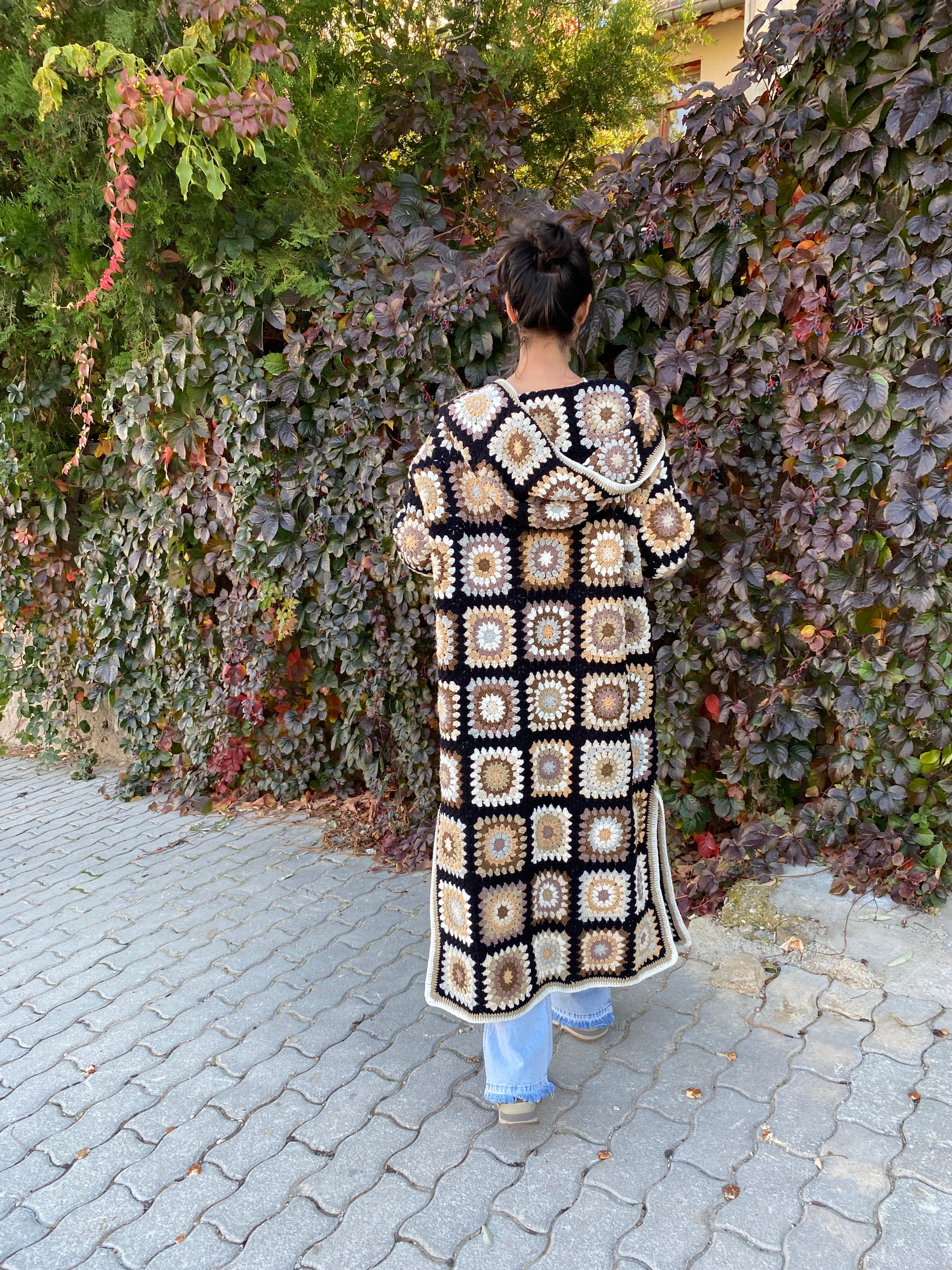 Black Hooded Granny Square Cardigan, Oversized Retro Long Sweater, Afghan Coat, Hippie Sweater, H... — photo 3 of 10