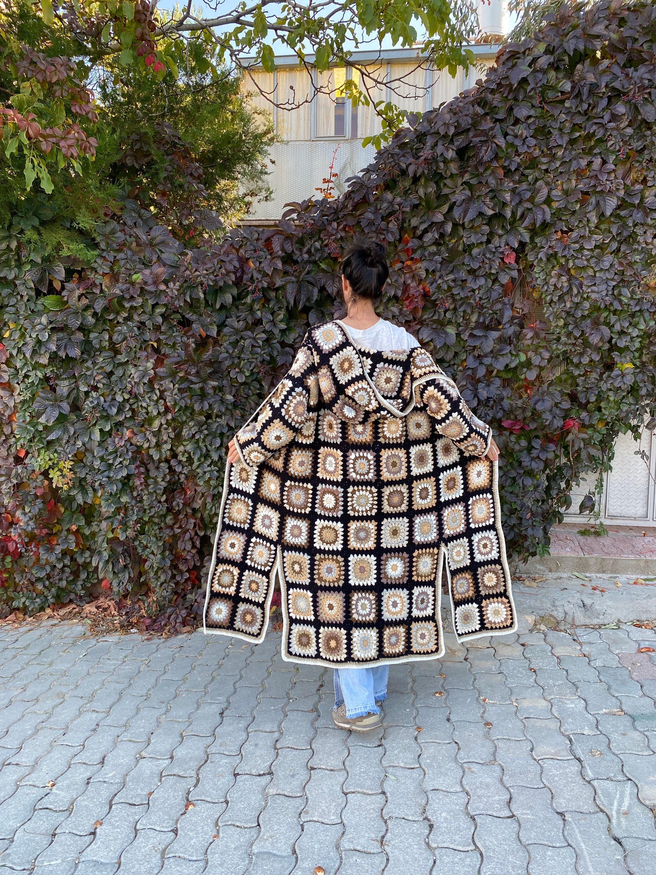 Black Hooded Granny Square Cardigan, Oversized Retro Long Sweater, Afghan Coat, Hippie Sweater, H... — photo 6 of 10