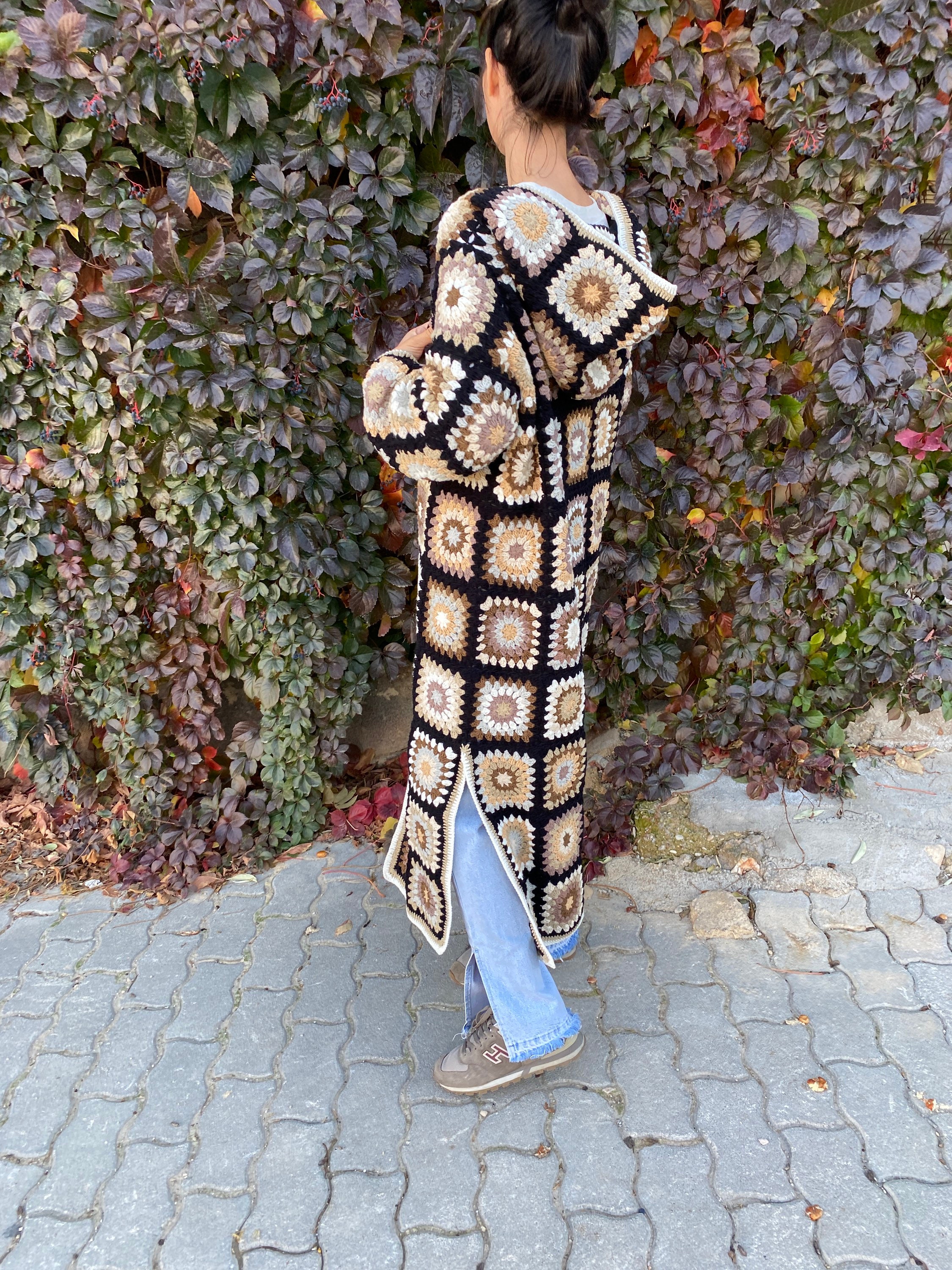 Black Hooded Granny Square Cardigan, Oversized Retro Long Sweater, Afghan Coat, Hippie Sweater, H... — photo 7 of 10