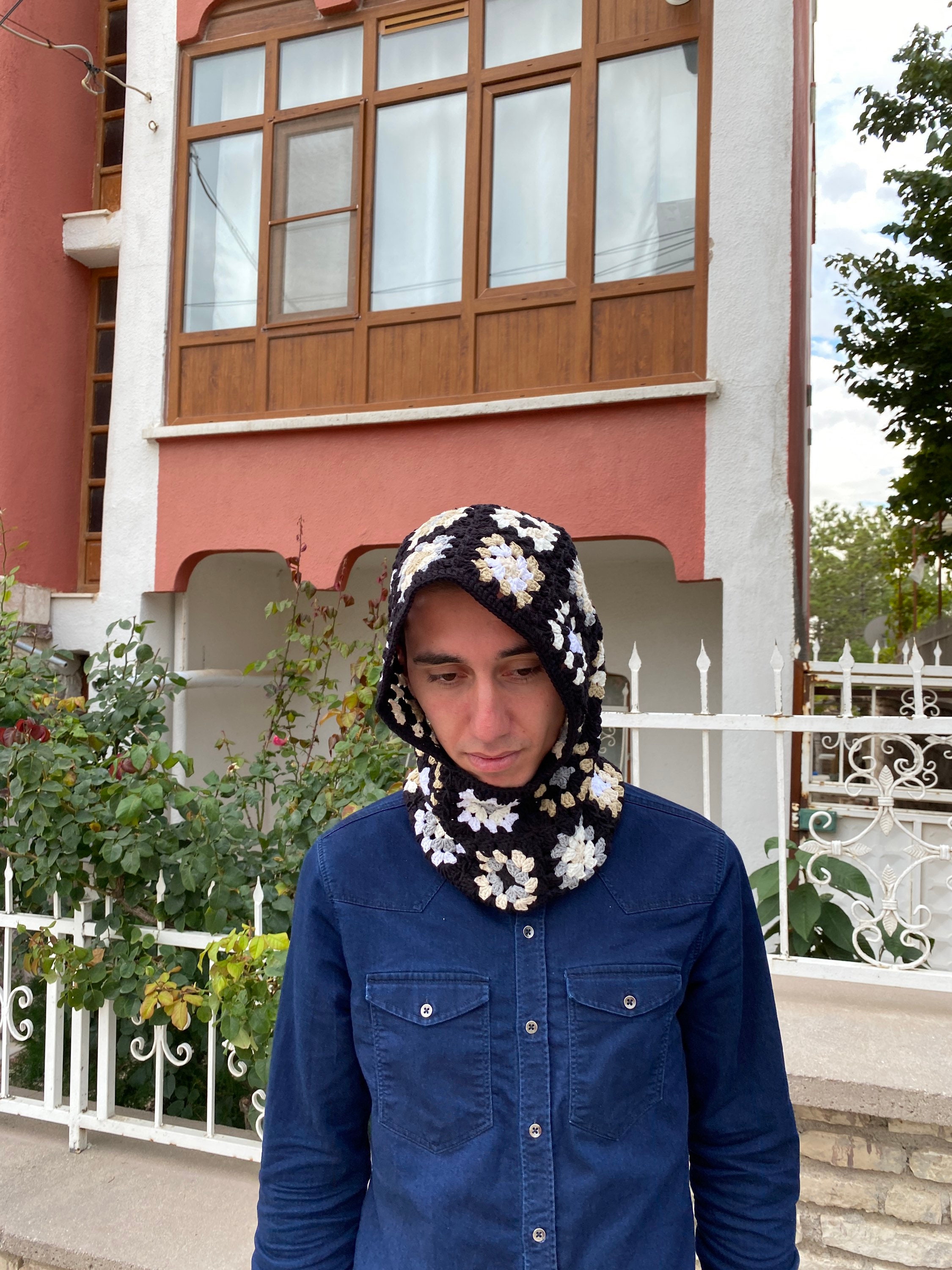 Black White Balaclava, Granny Square Hoodie, Unisex Balaclava, Winter Full Face Mask, Granny Squa... — photo 2 of 10